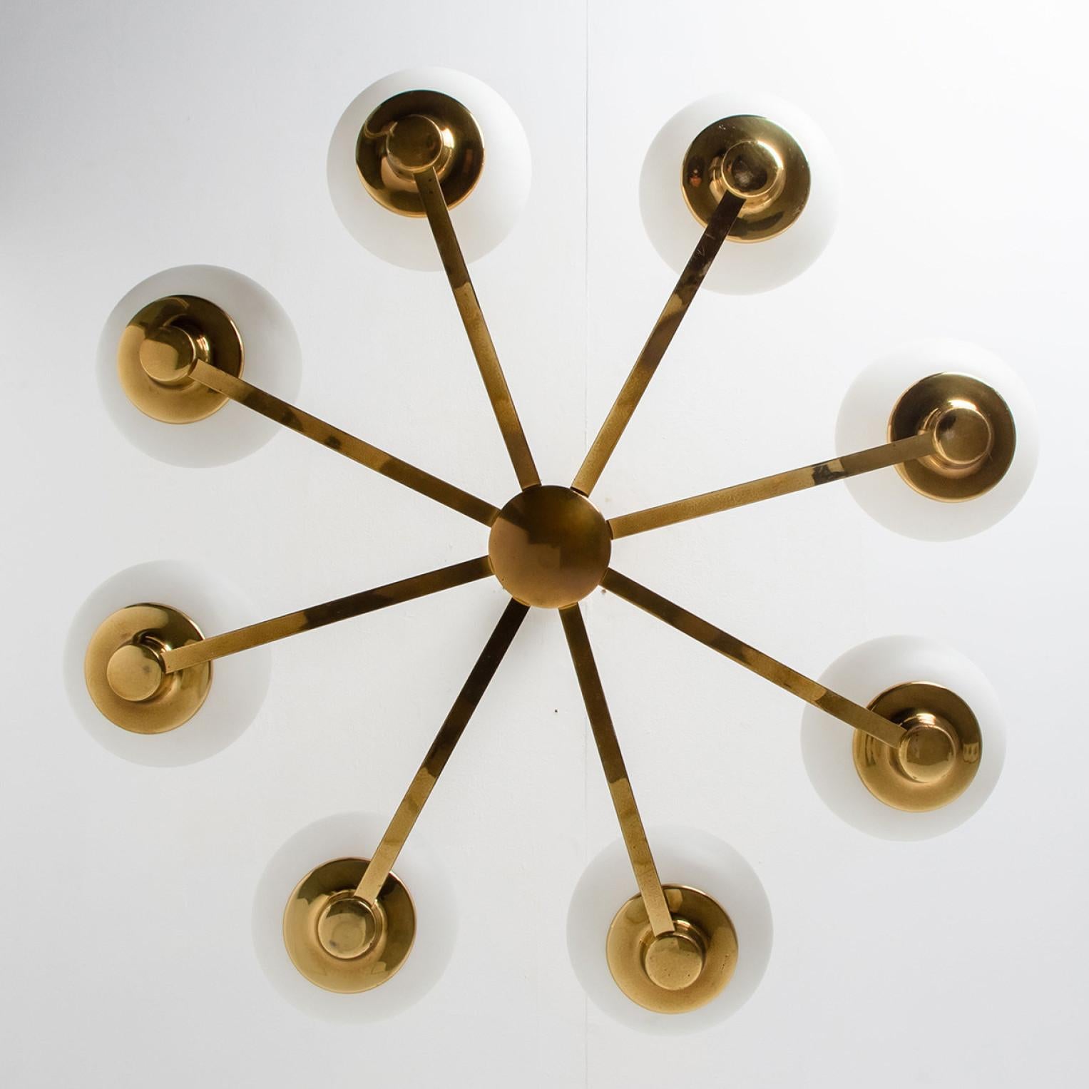20th Century Brass and Blown Opaque Glass Chandelier by Hillebrand, 1960s