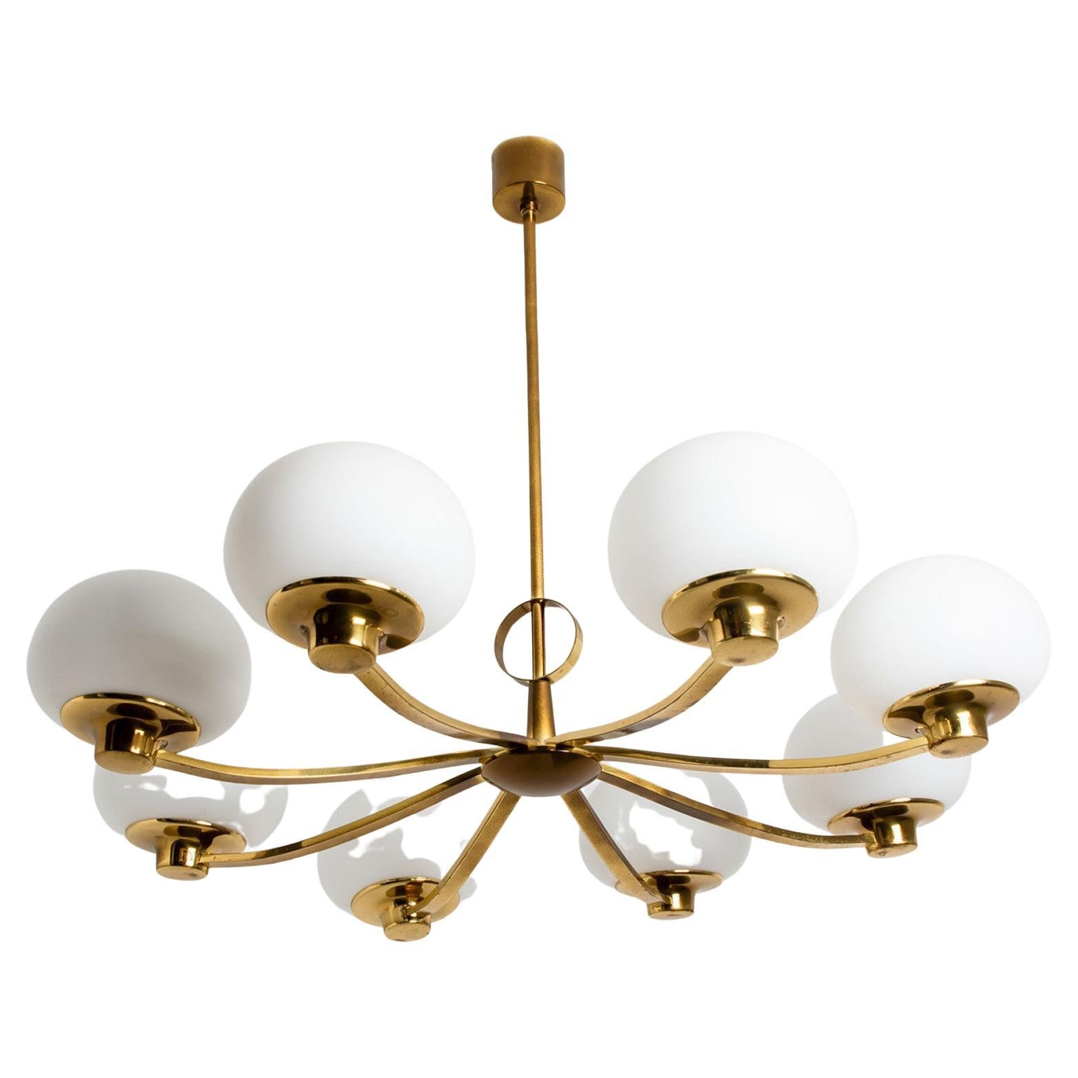 Midcentury Brass and Blown Glass Chandelier by Hillebrand, 1960s For