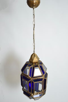 Brass and blue glass lantern ceiling lamp, 1970s.
