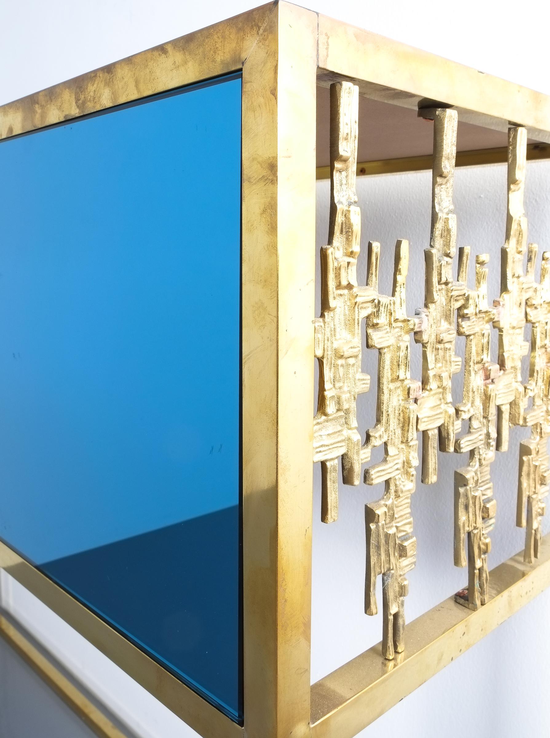 Brass and Blue Glass Mirror Console Table, Italy, 1960 1