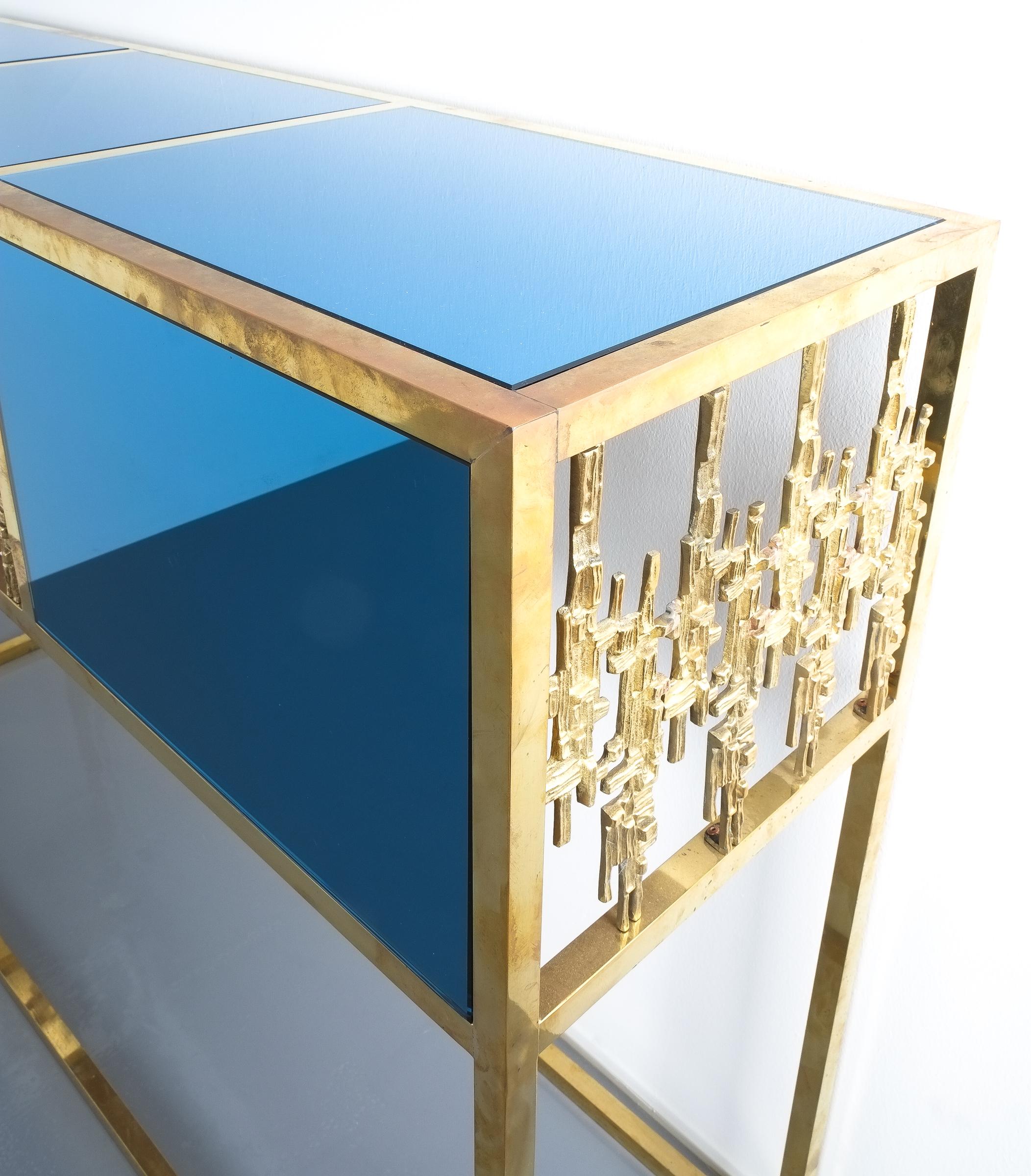 Brass and Blue Glass Mirror Console Table, Italy, 1960 2