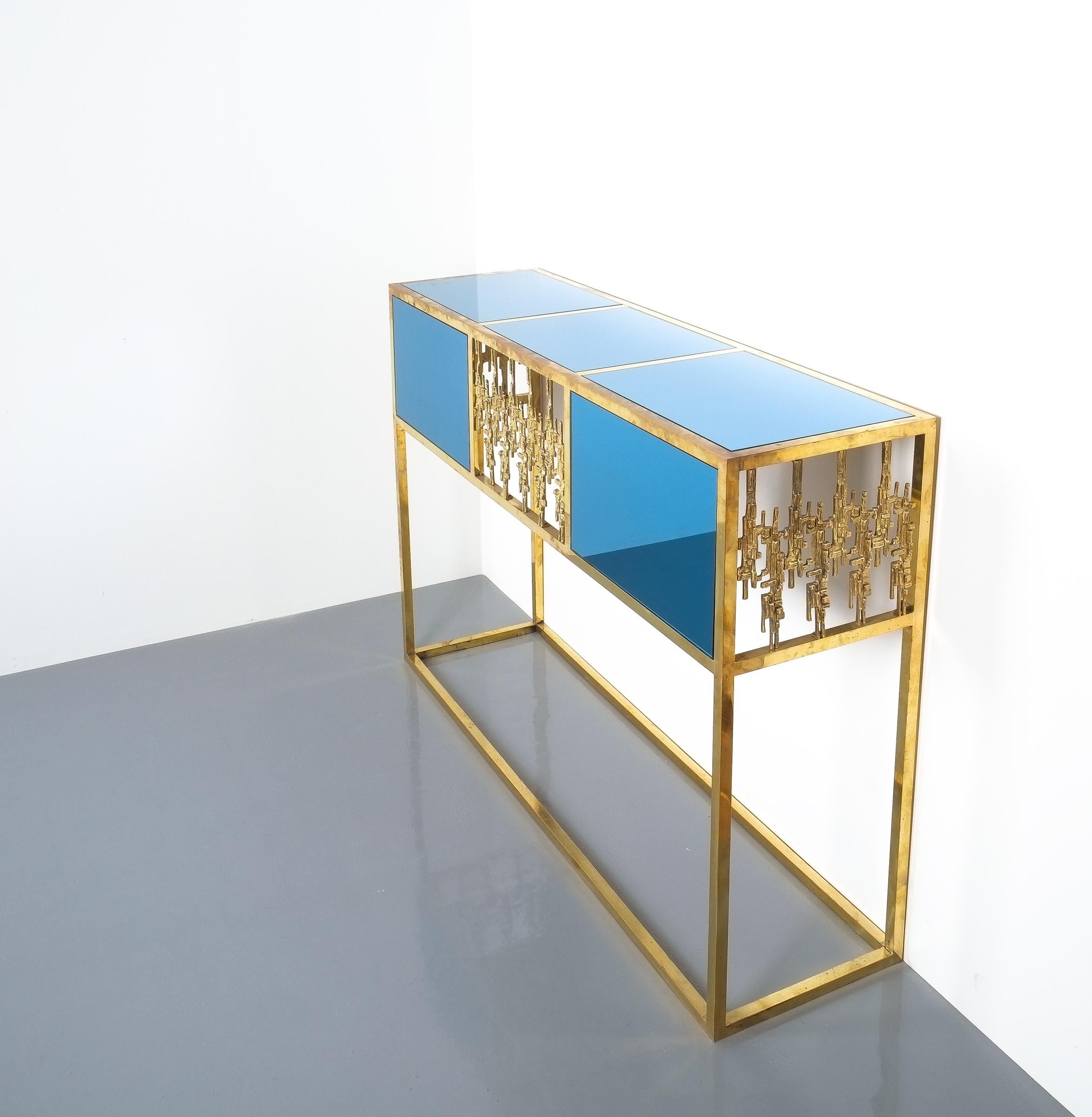Brass and Blue Glass Mirror Console Table, Italy, 1960 3