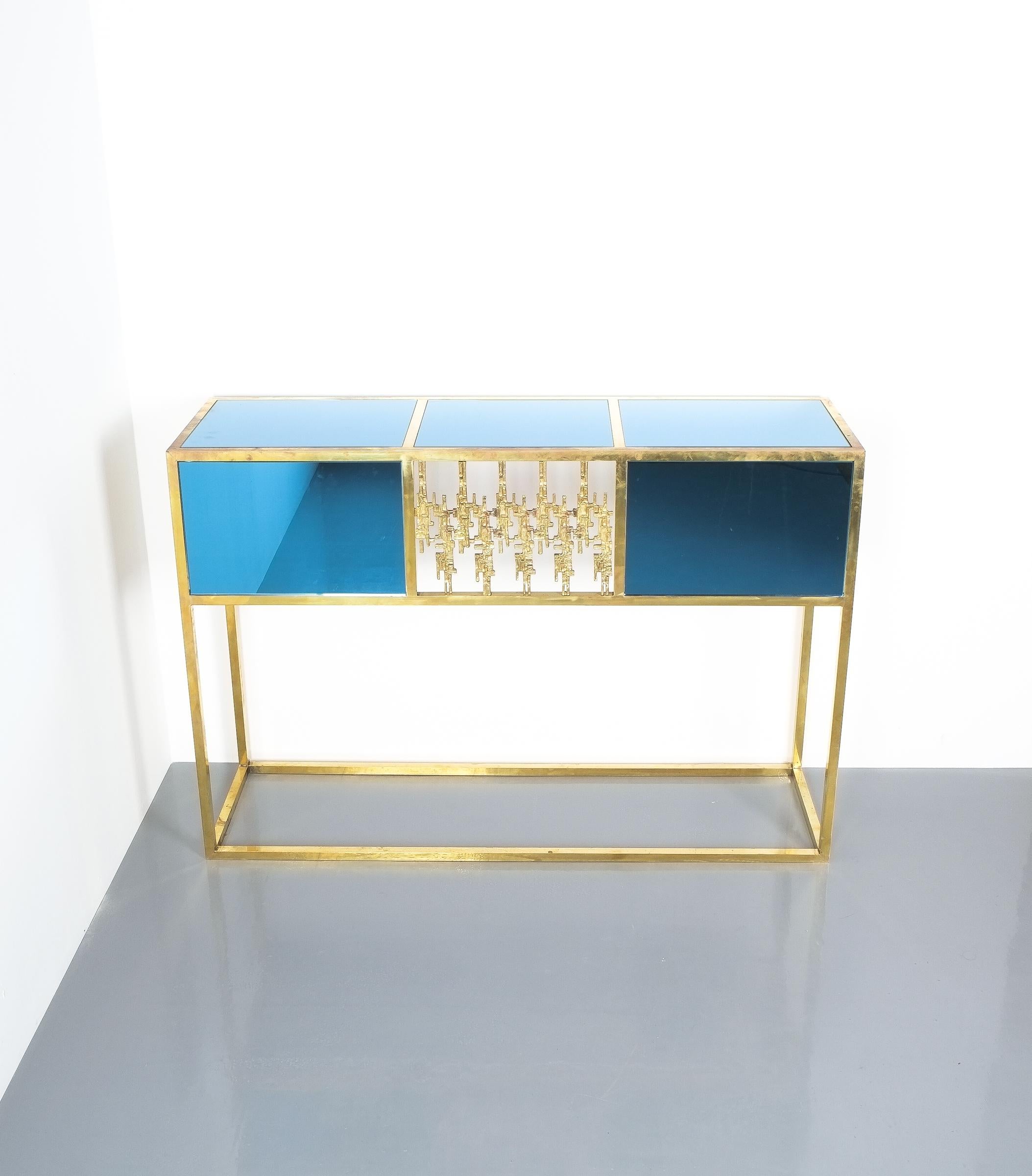 Brass and Blue Glass Mirror Console Table, Italy, 1960 4