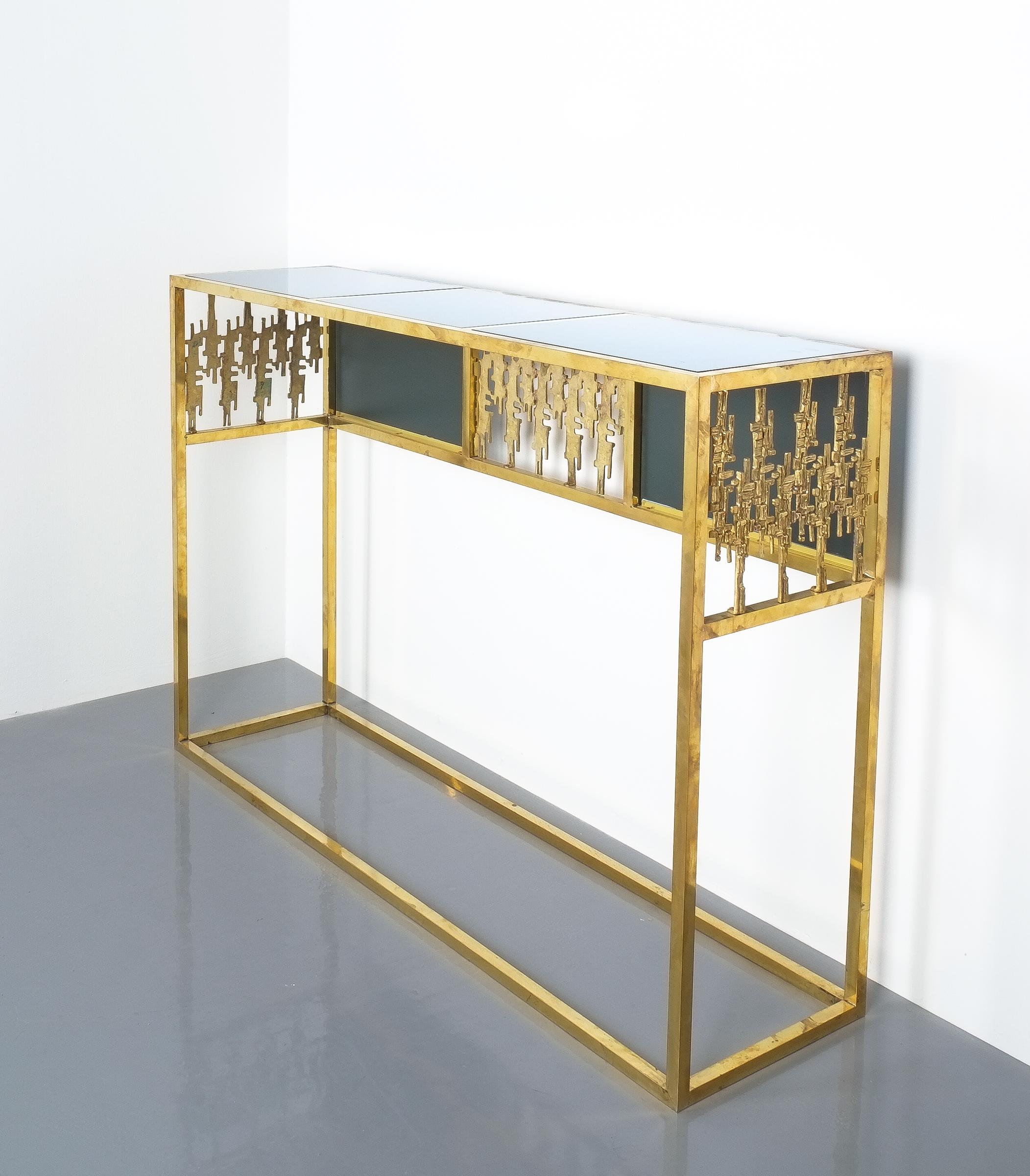 Brass and Blue Glass Mirror Console Table, Italy, 1960 5