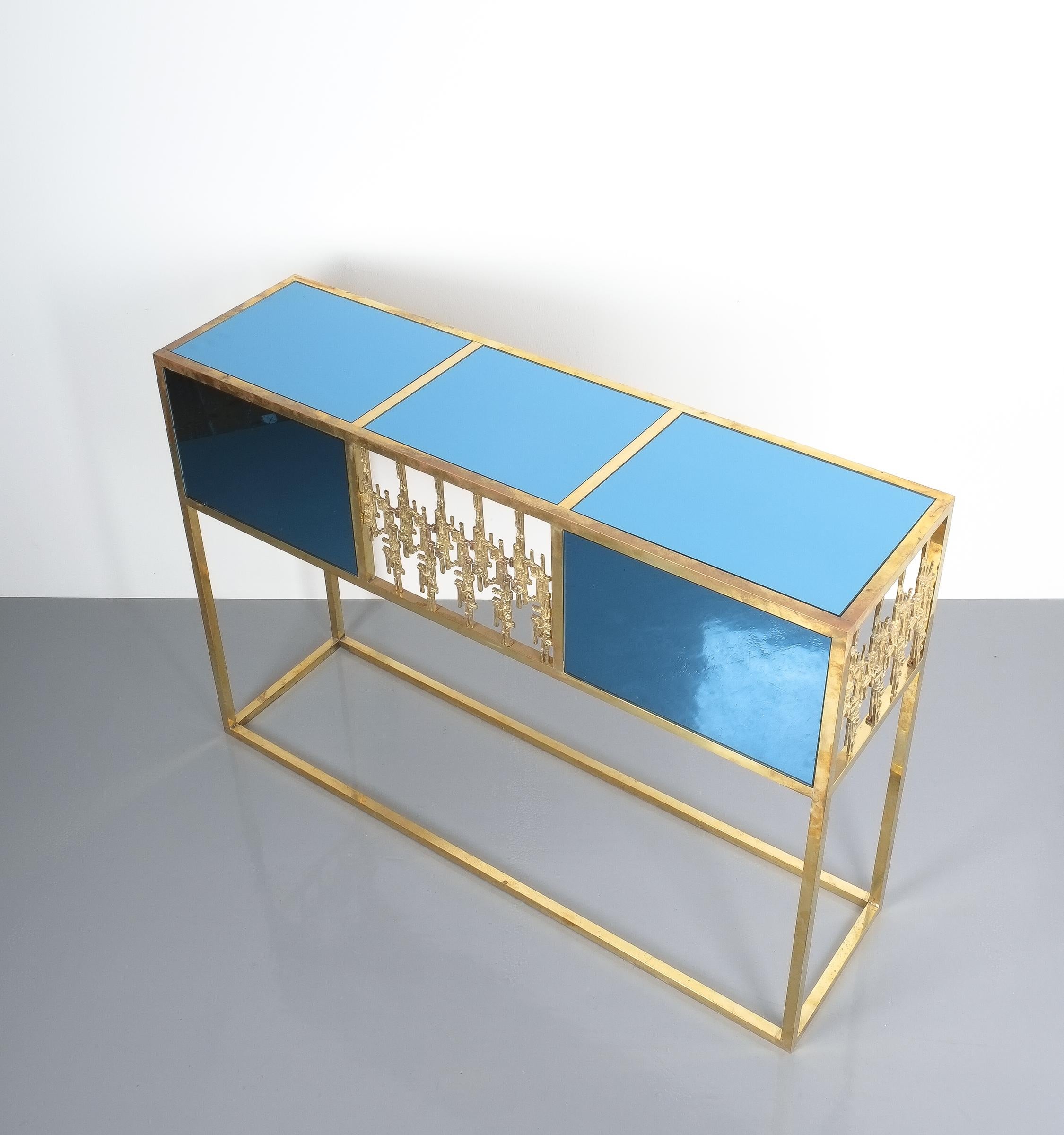 Brass and Blue Glass Mirror Console Table, Italy, 1960 6