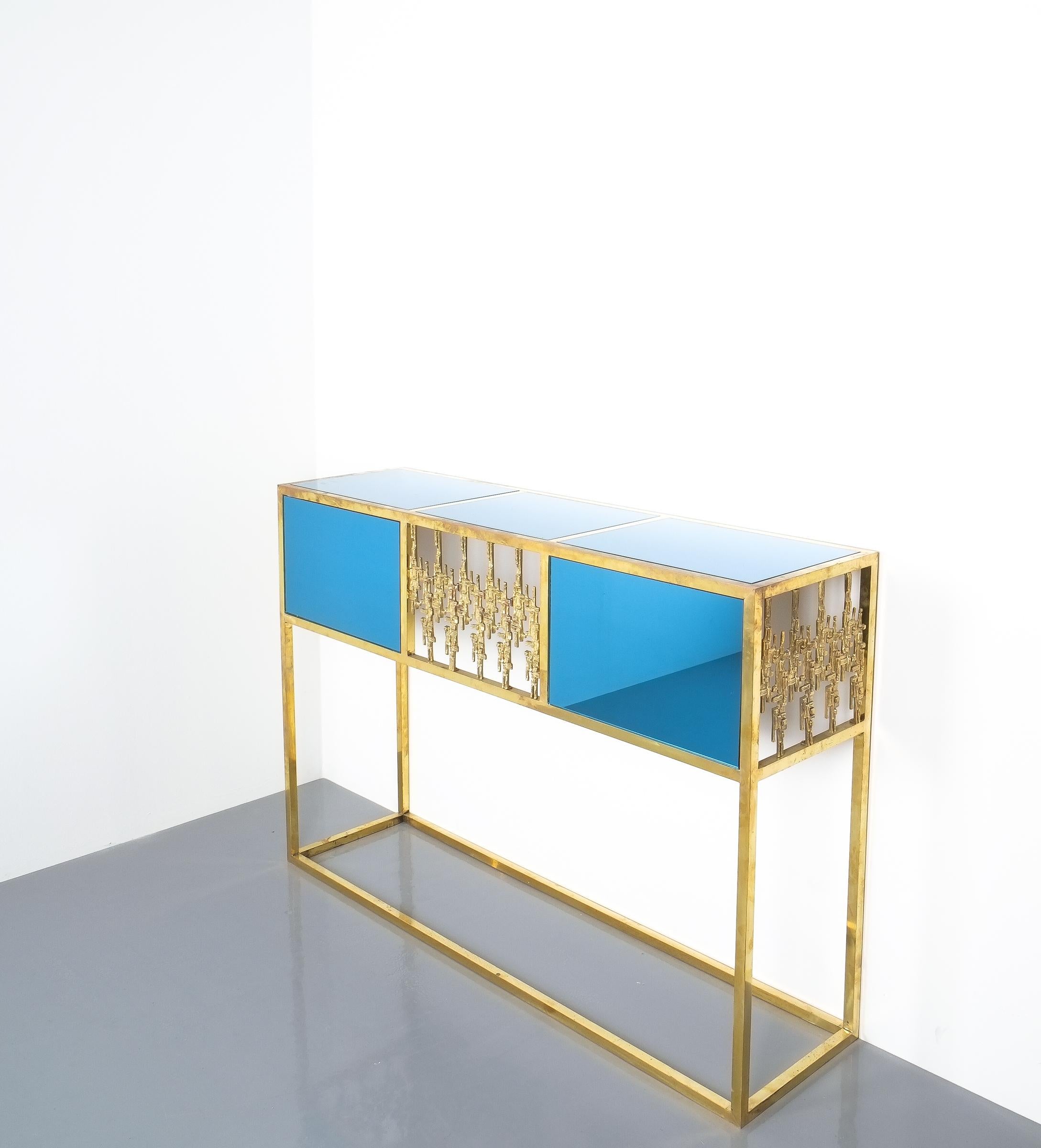 Console table brass blue glass mirror, Italy, 1960. Beautiful 50