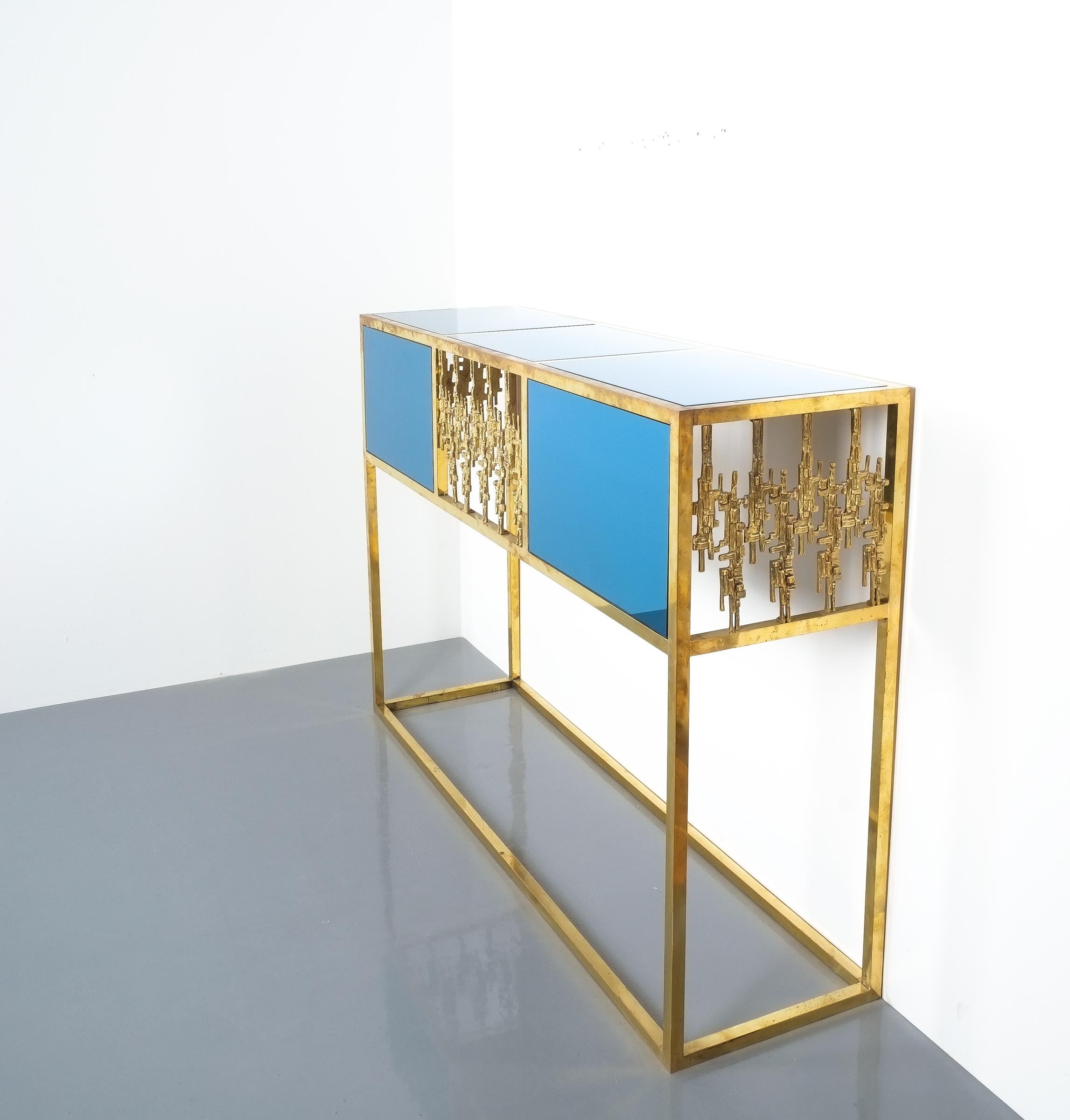 Mid-Century Modern Brass and Blue Glass Mirror Console Table, Italy, 1960