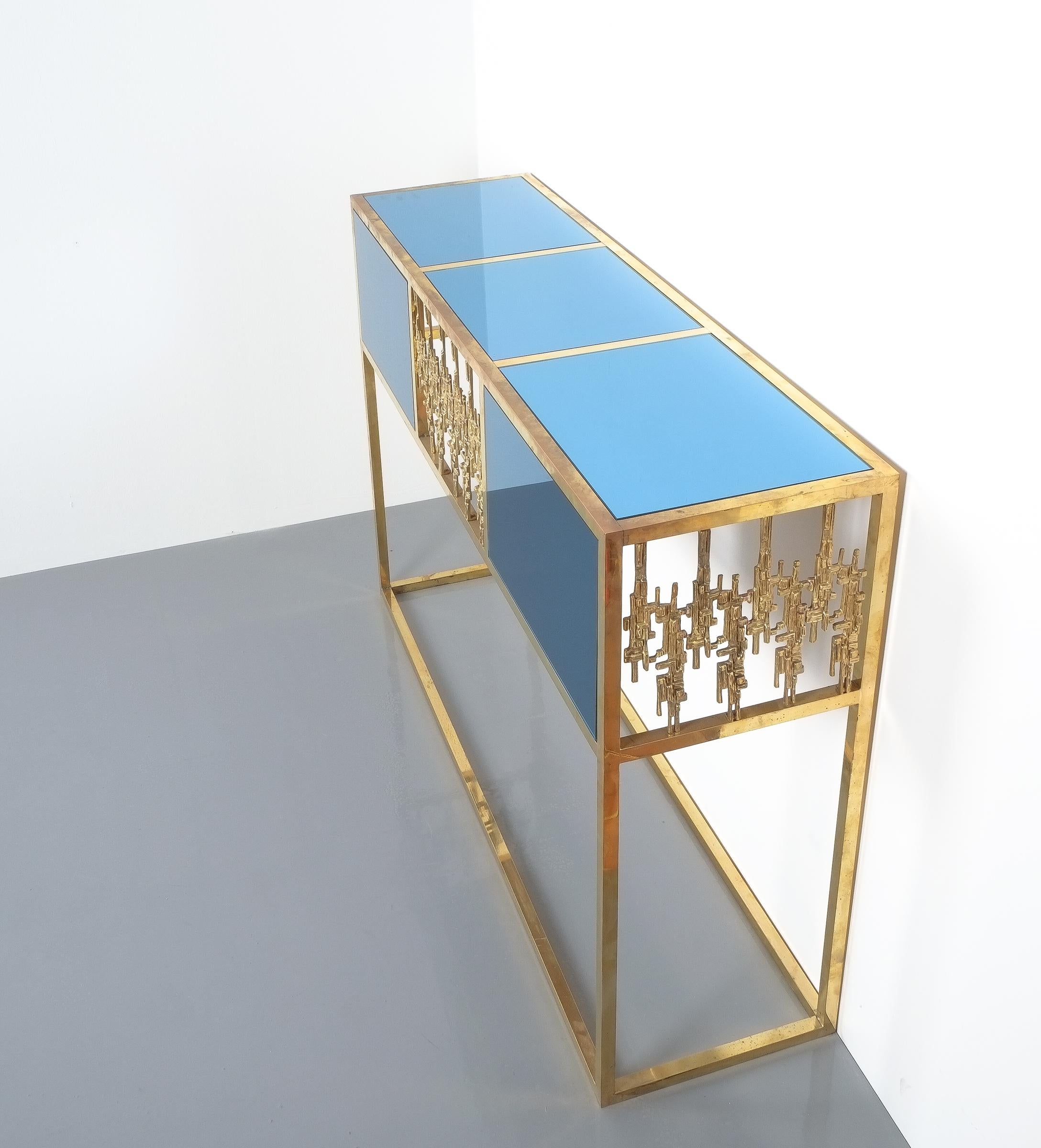 Italian Brass and Blue Glass Mirror Console Table, Italy, 1960
