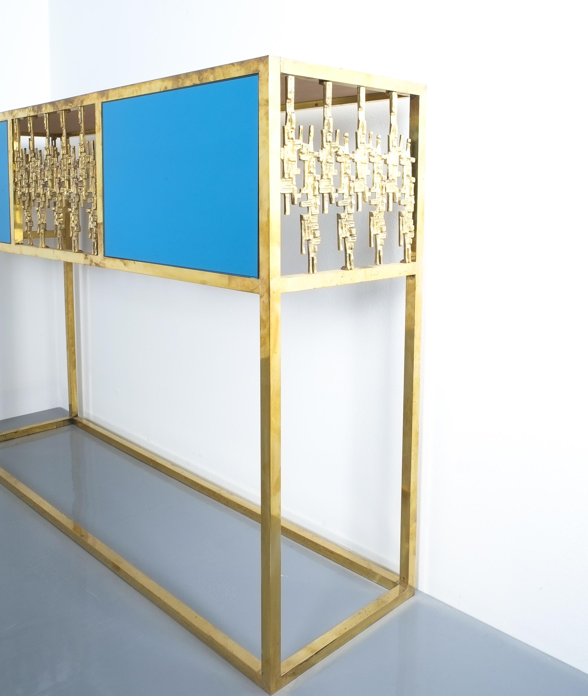 Mid-20th Century Brass and Blue Glass Mirror Console Table, Italy, 1960