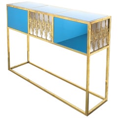 Brass and Blue Glass Mirror Console Table, Italy, 1960