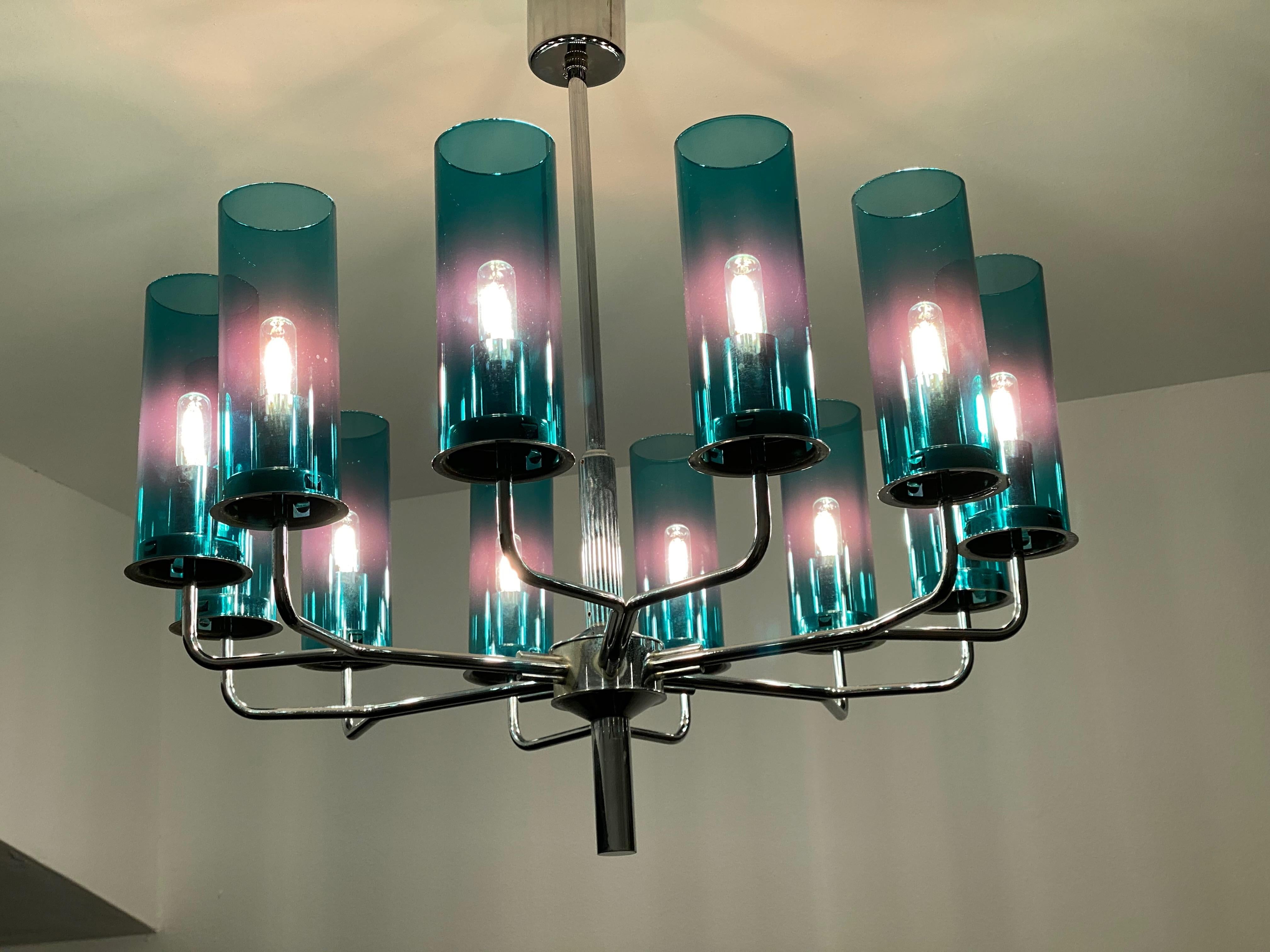 Brass and Blue Glass Tube Chandelier T434 12 Sonata by Hans-Agne Jakobsson For Sale 7