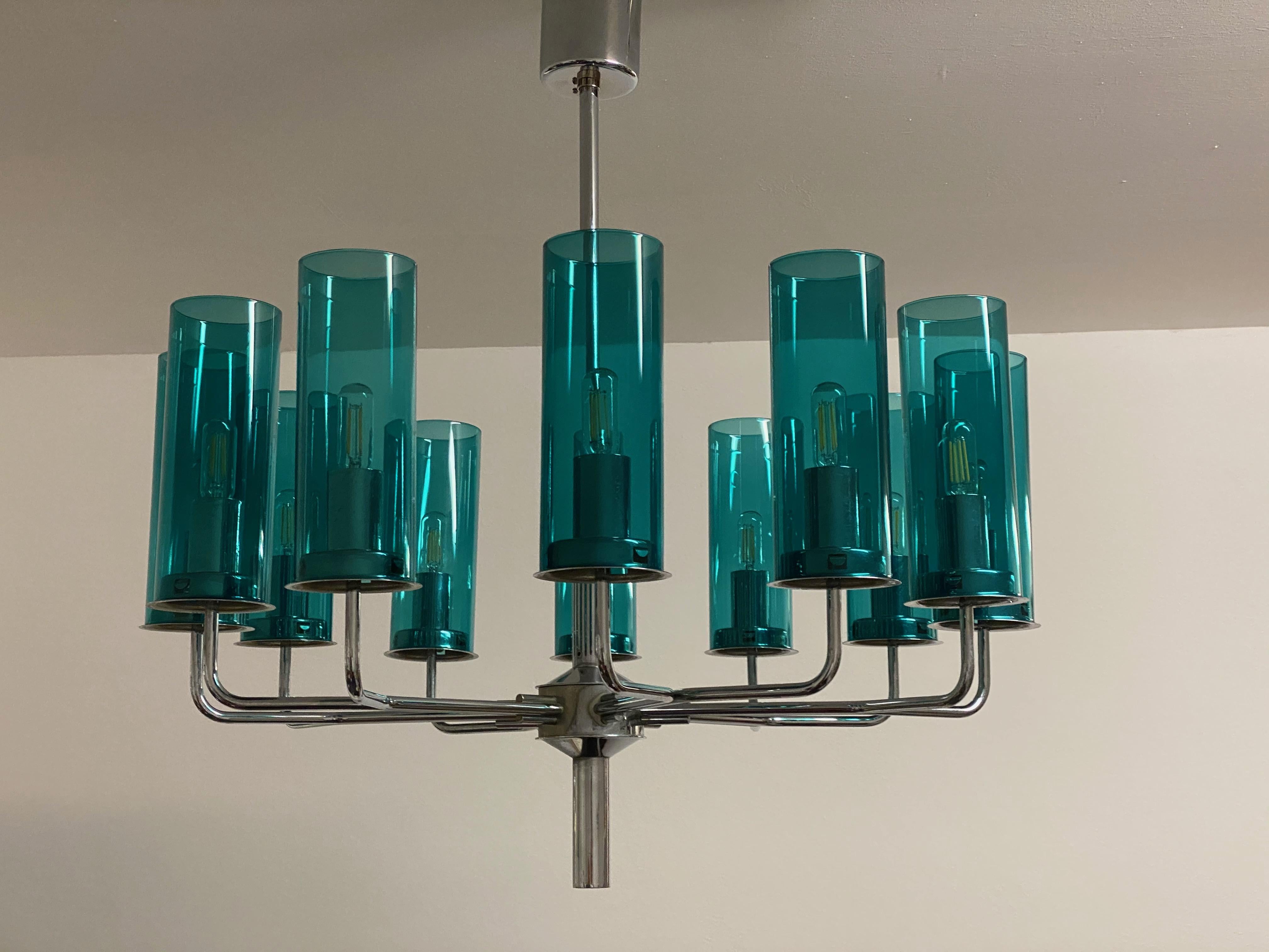 Brass and Blue Glass Tube Chandelier T434 12 Sonata by Hans-Agne Jakobsson For Sale 8