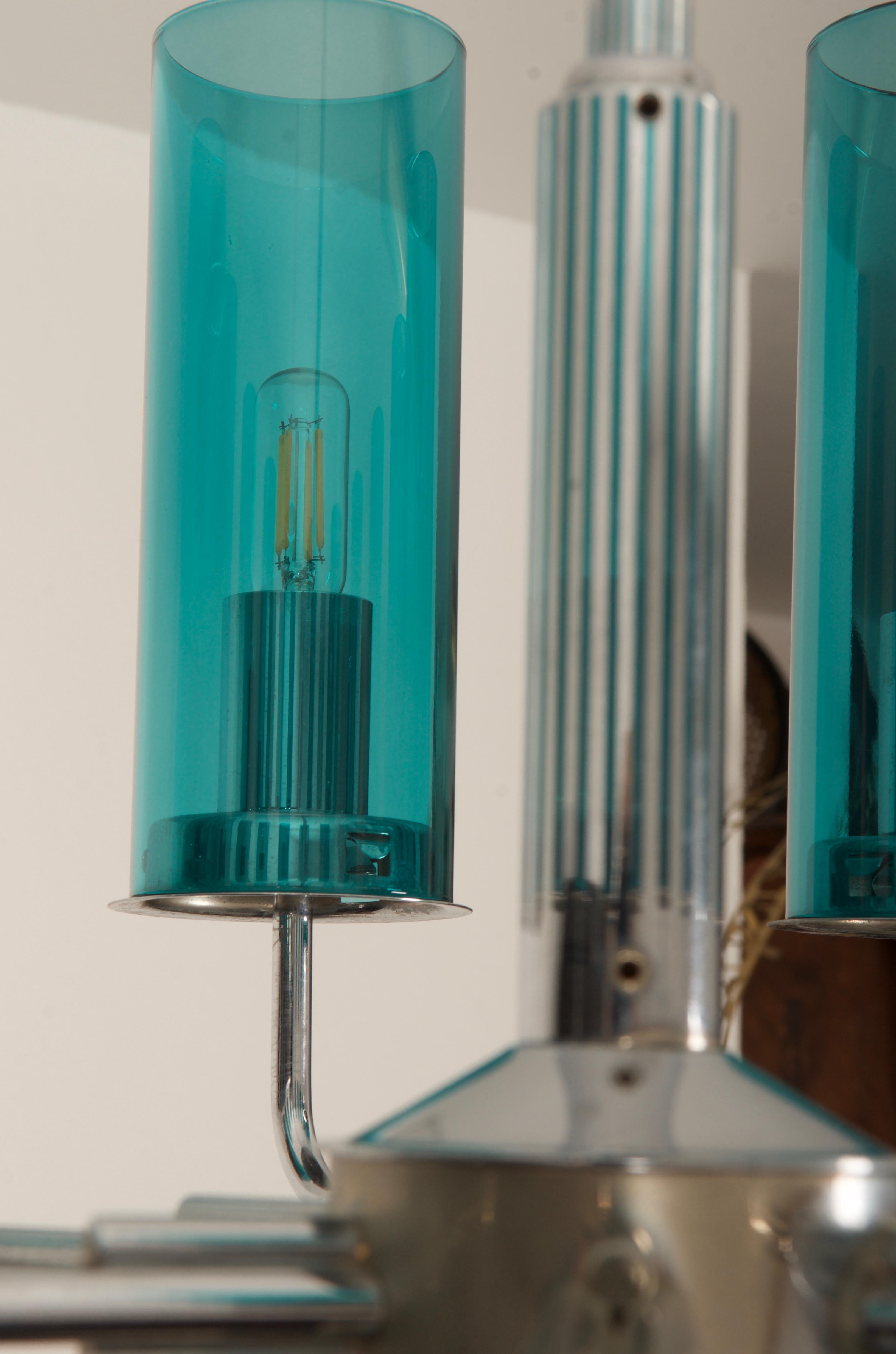 Swedish Brass and Blue Glass Tube Chandelier T434 12 Sonata by Hans-Agne Jakobsson For Sale