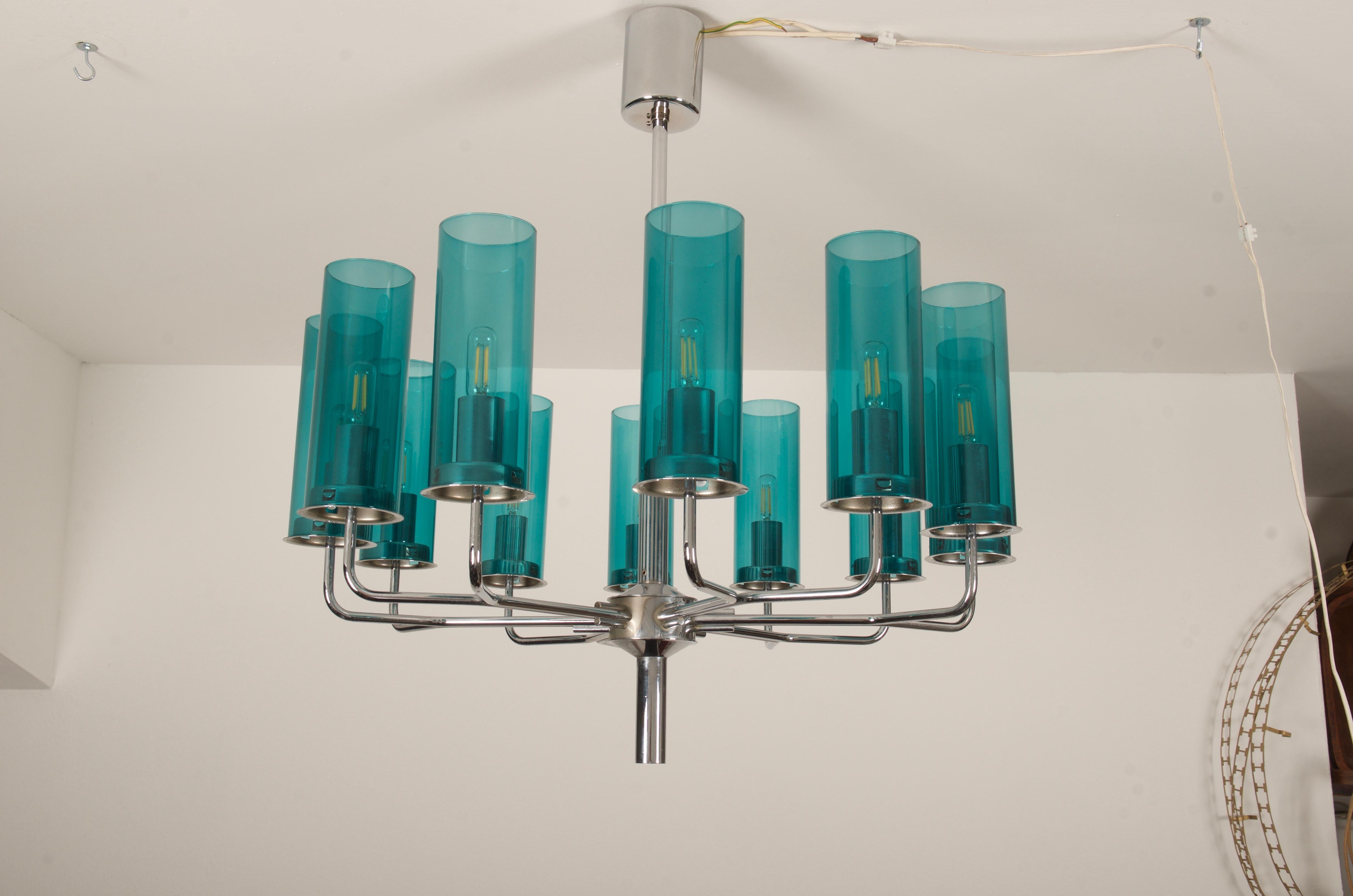 Brass and Blue Glass Tube Chandelier T434 12 Sonata by Hans-Agne Jakobsson For Sale 3