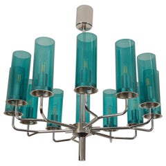 Retro Brass and Blue Glass Tube Chandelier T434 12 Sonata by Hans-Agne Jakobsson