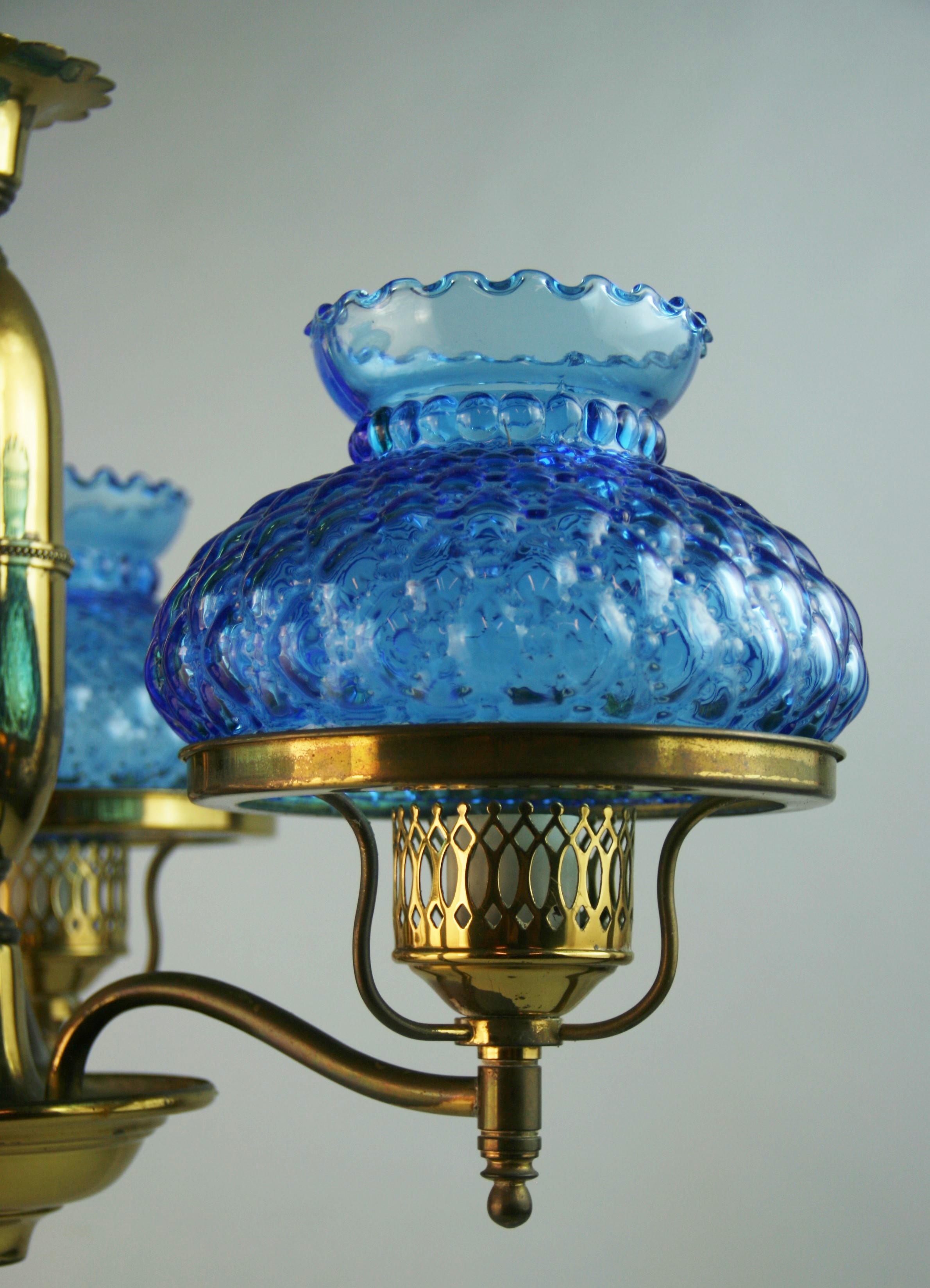 Brass and Blue Hurricane Glass Chandelier For Sale 5