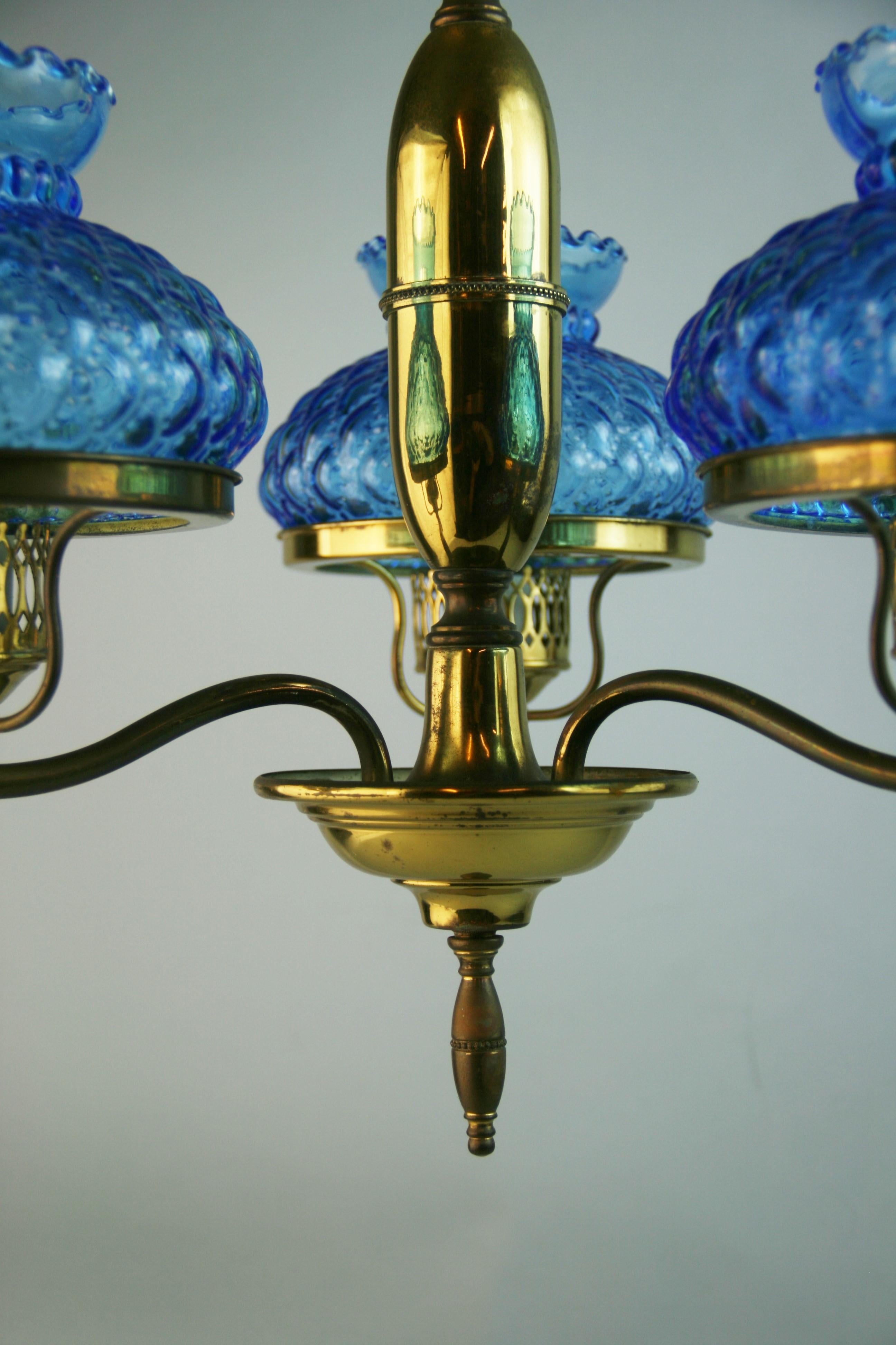 Brass and Blue Hurricane Glass Chandelier For Sale 6