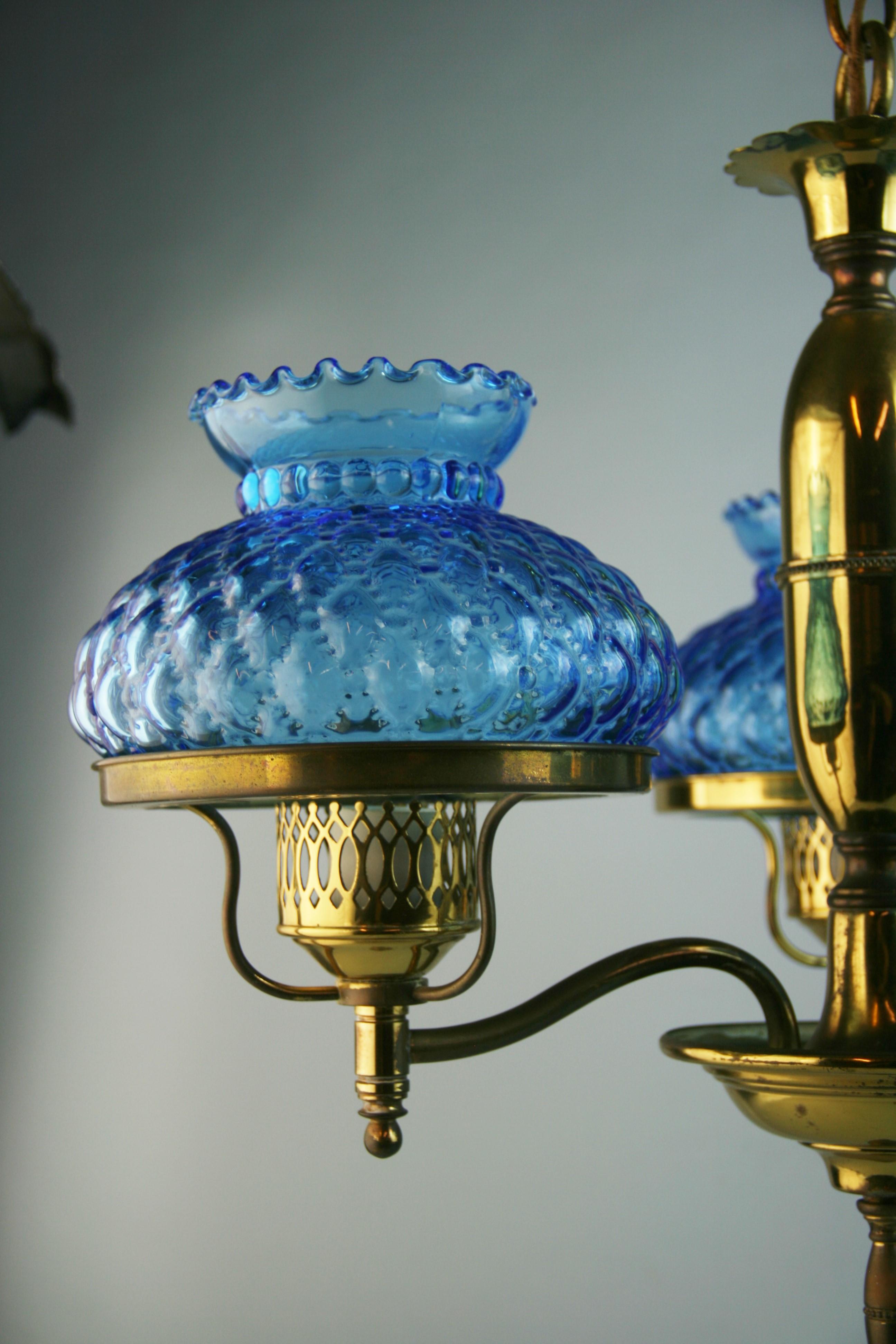 Brass and Blue Hurricane Glass Chandelier For Sale 7