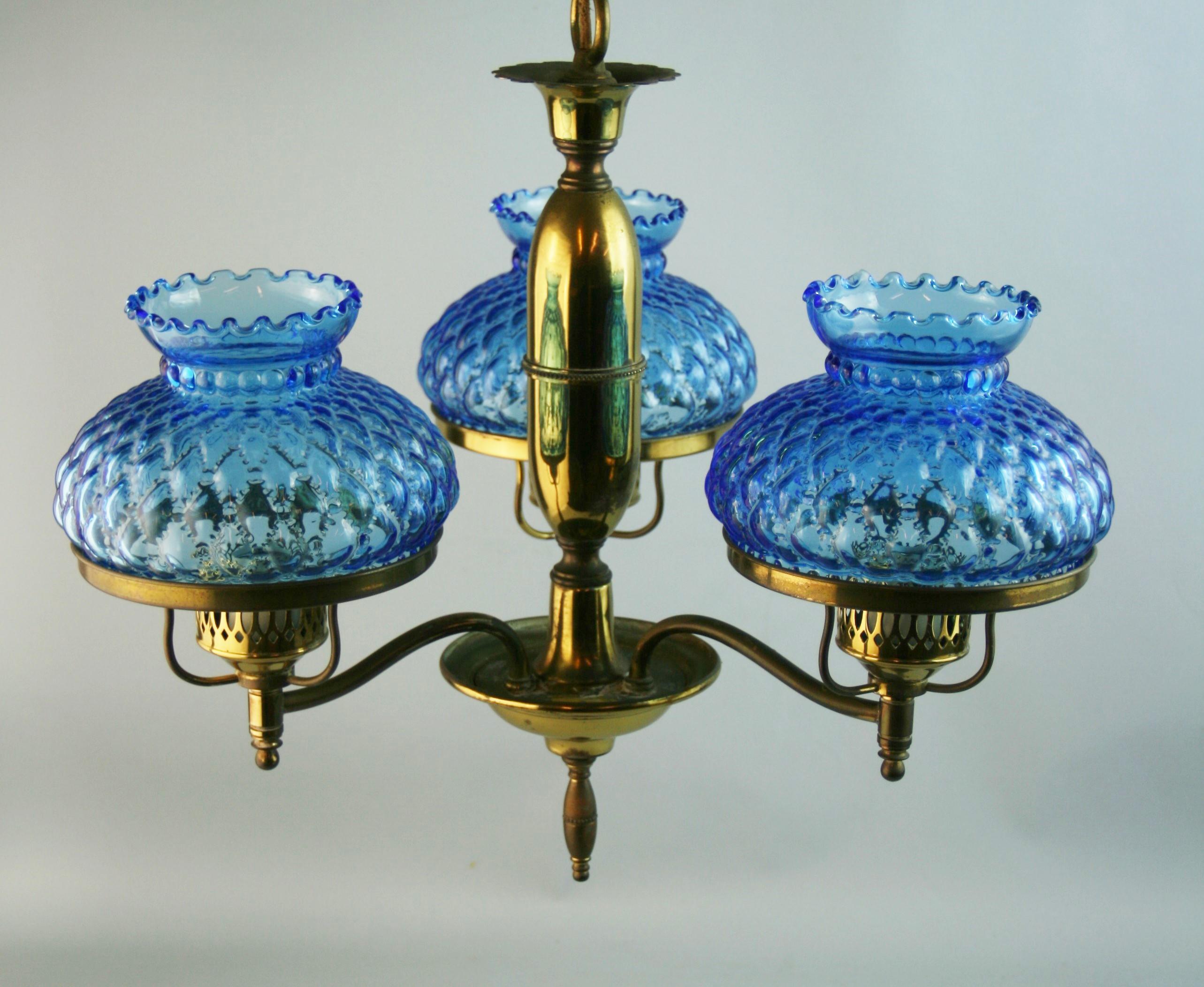 1445 Brass and blue glass hurricane chandelier