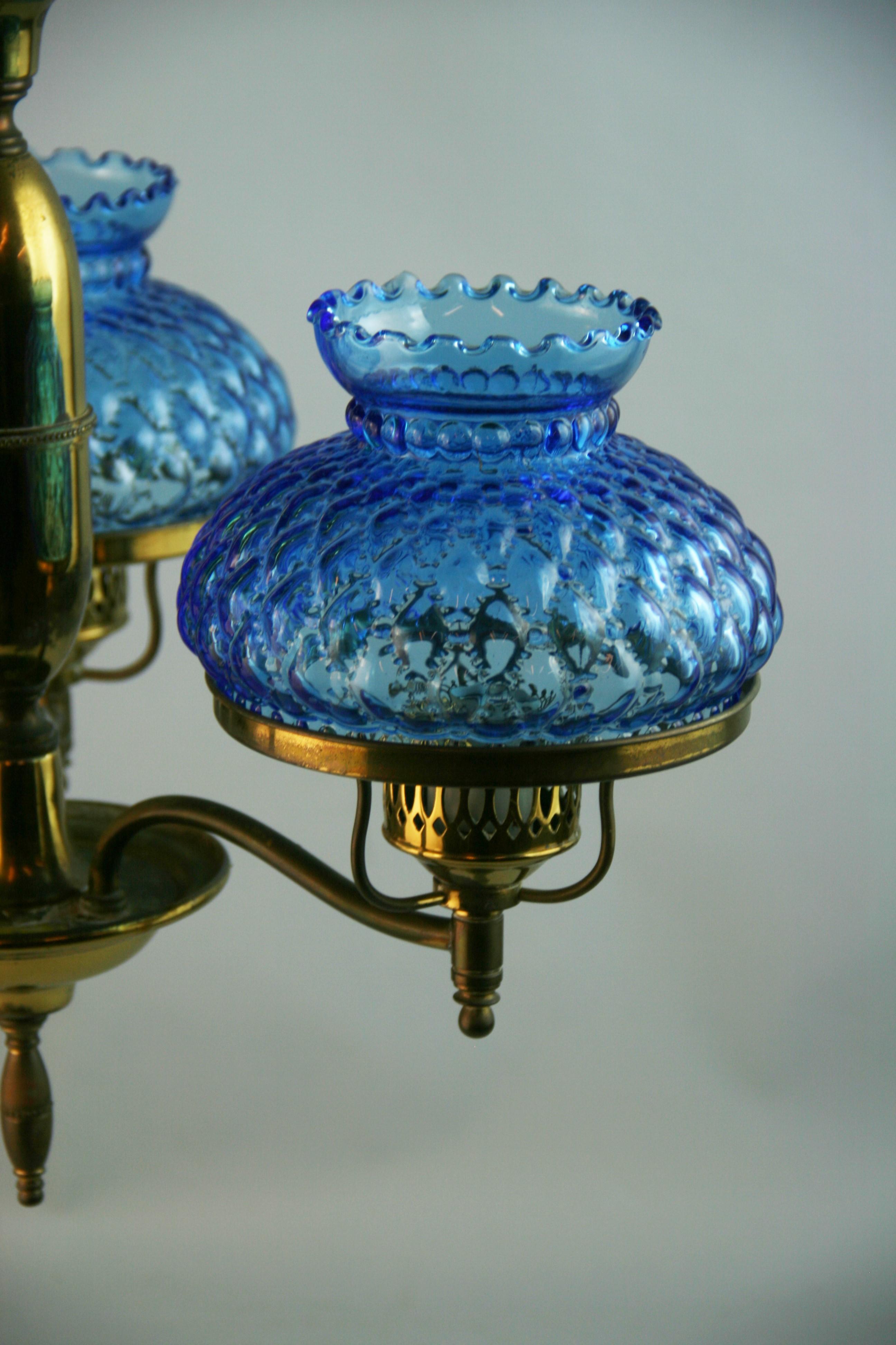Brass and Blue Hurricane Glass Chandelier In Good Condition For Sale In Douglas Manor, NY