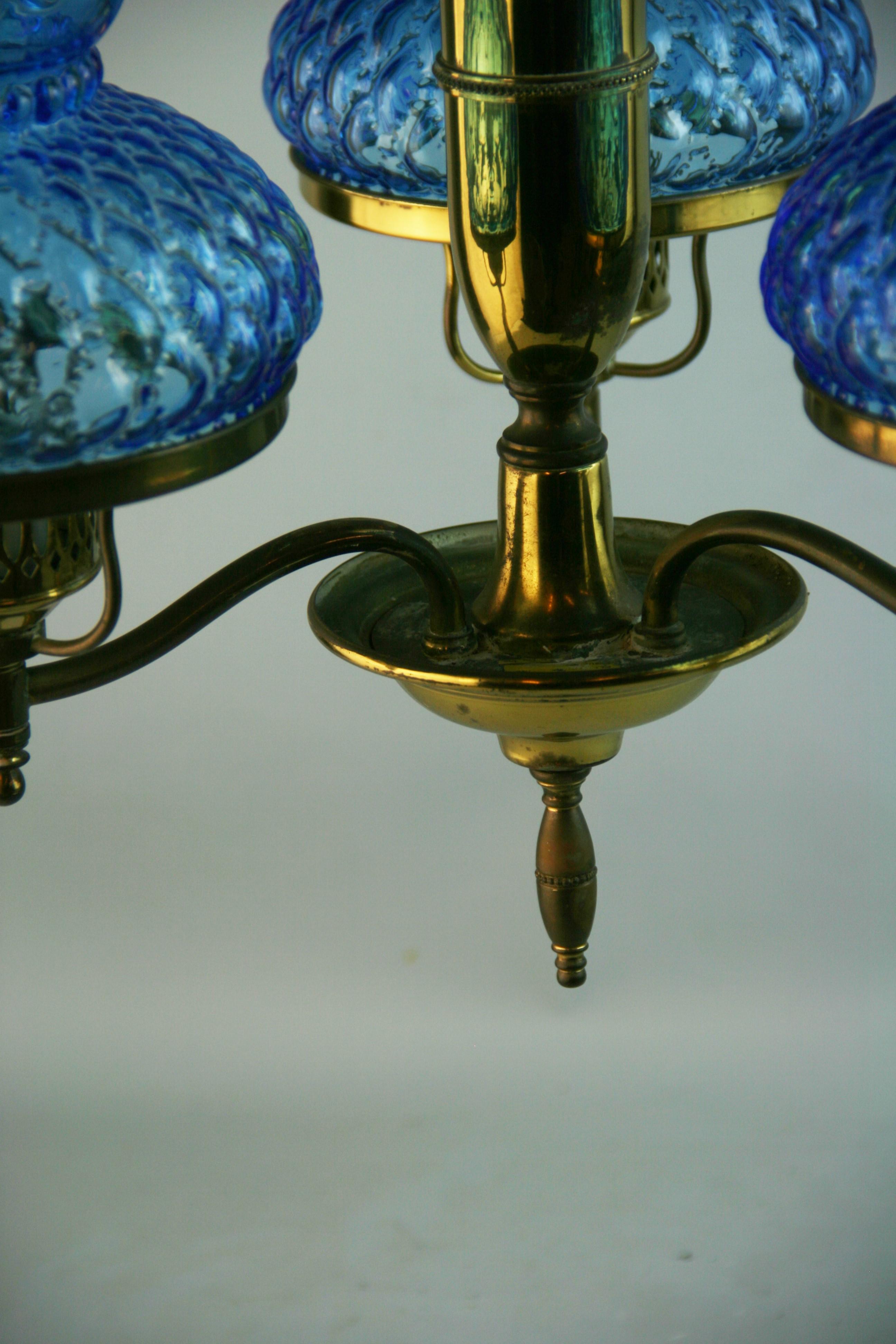 Mid-20th Century Brass and Blue Hurricane Glass Chandelier For Sale