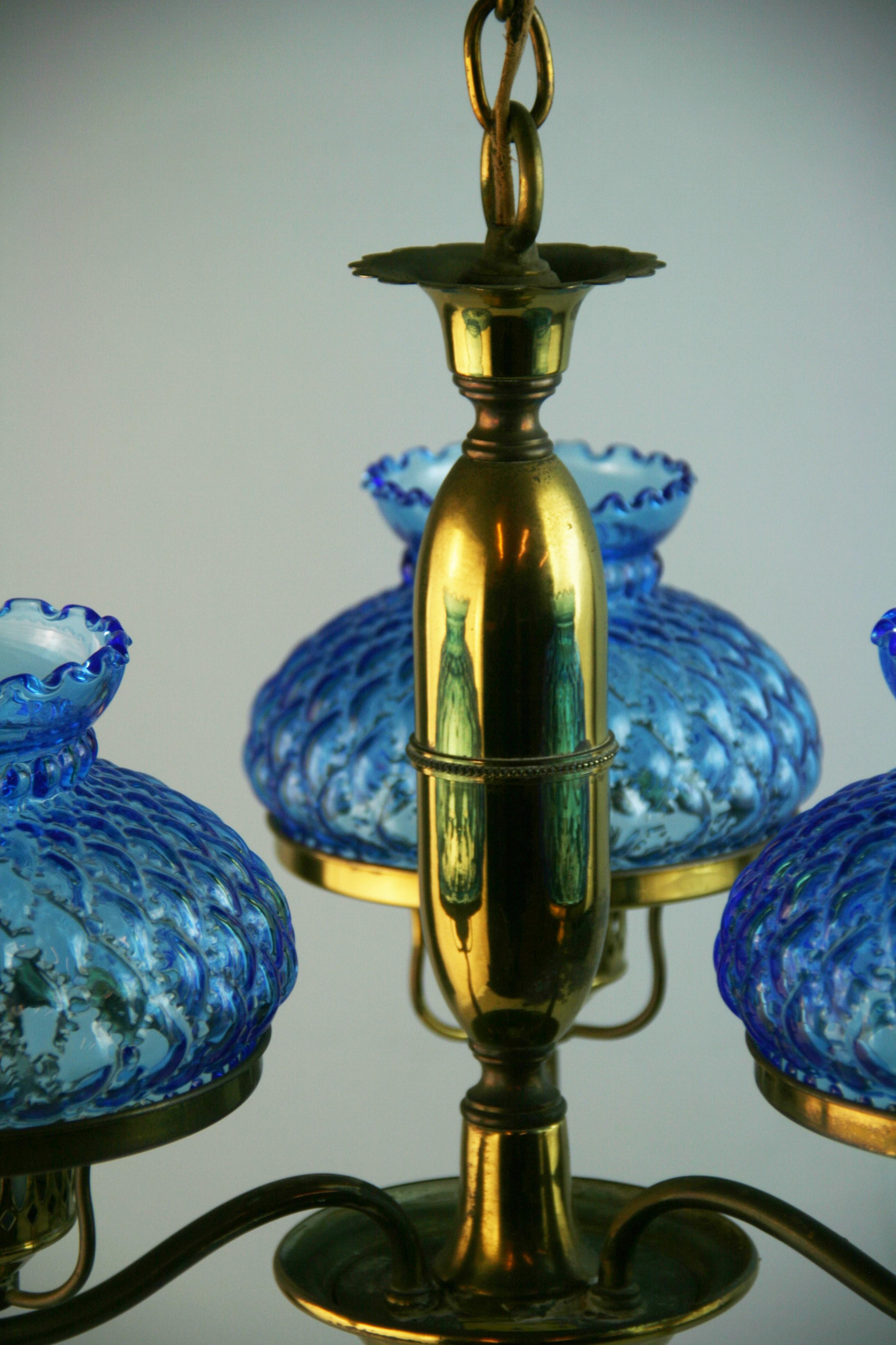 Brass and Blue Hurricane Glass Chandelier For Sale 1