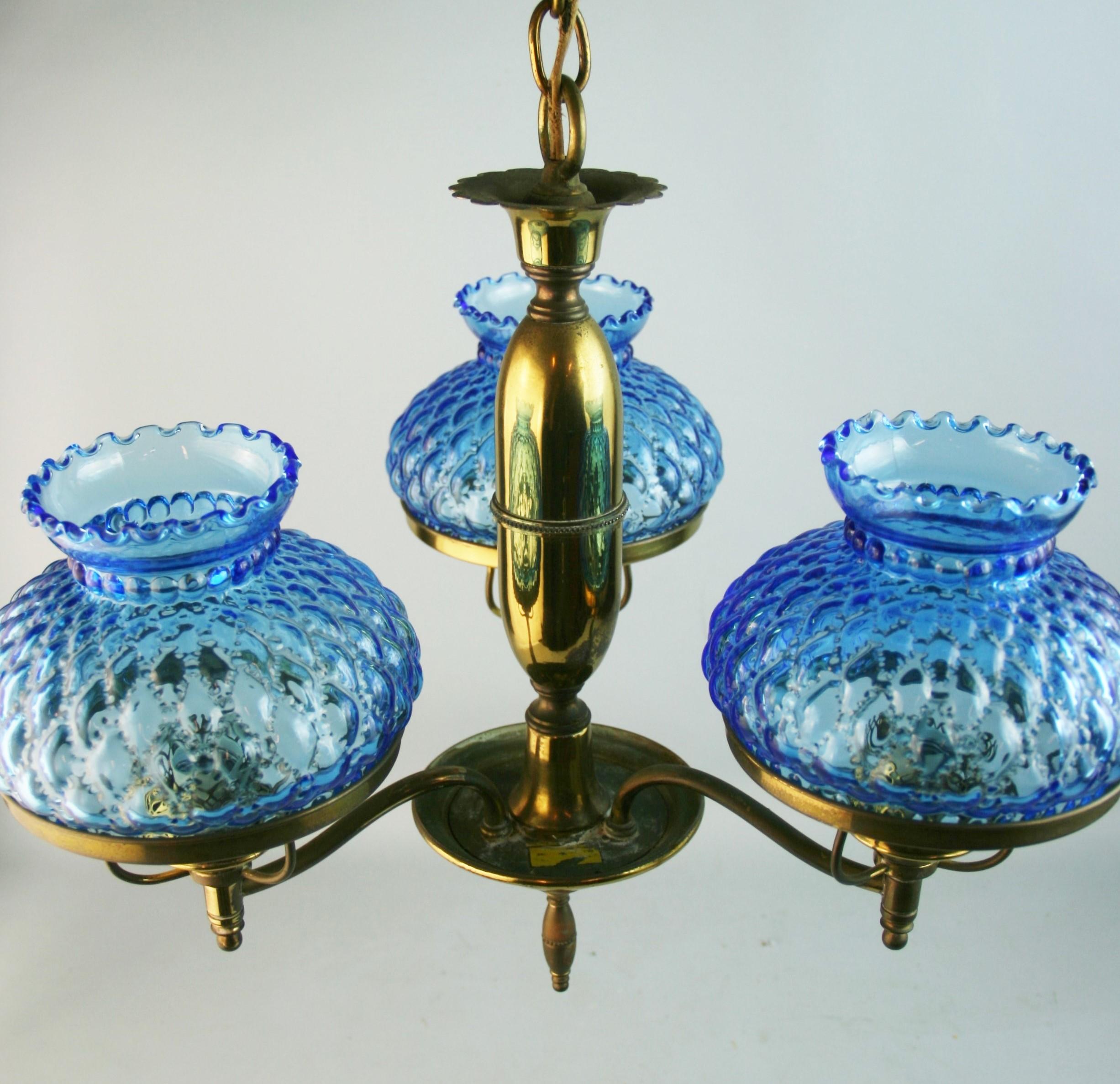 Brass and Blue Hurricane Glass Chandelier For Sale 3