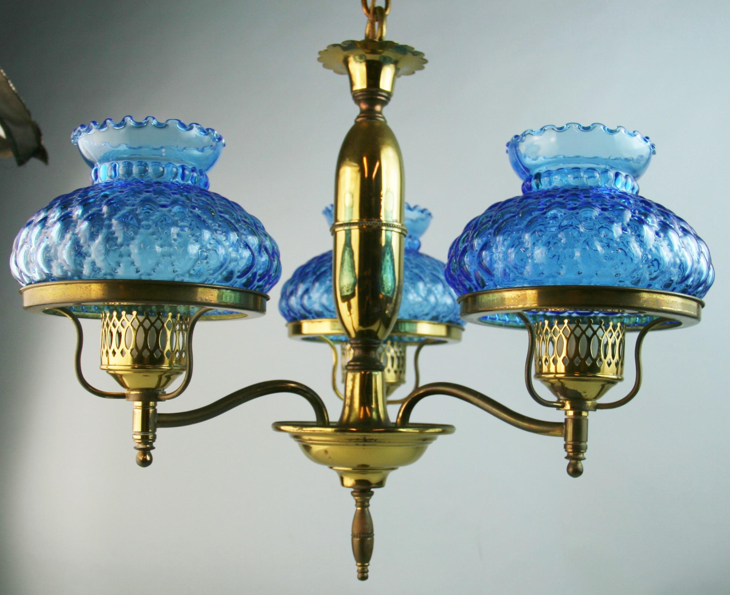 Brass and Blue Hurricane Glass Chandelier For Sale 4