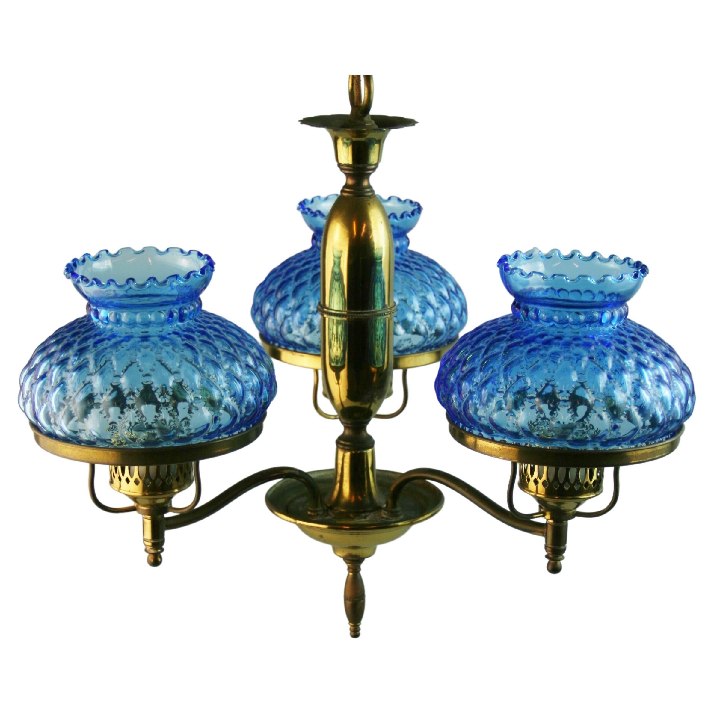 Brass and Blue Hurricane Glass Chandelier For Sale