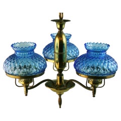 Vintage Brass and Blue Hurricane Glass Chandelier