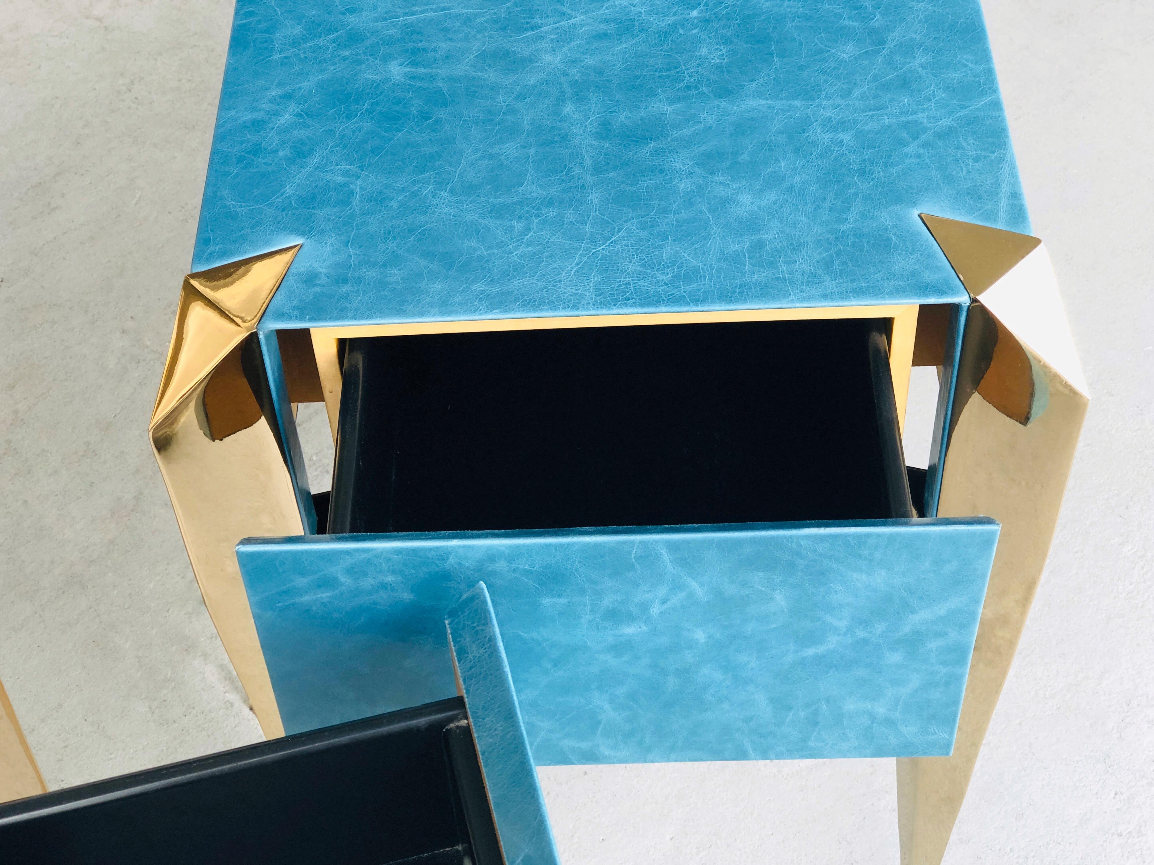  Blue Leather and Gold Plate Sculptural Modern Side End Tables, 1980s 5