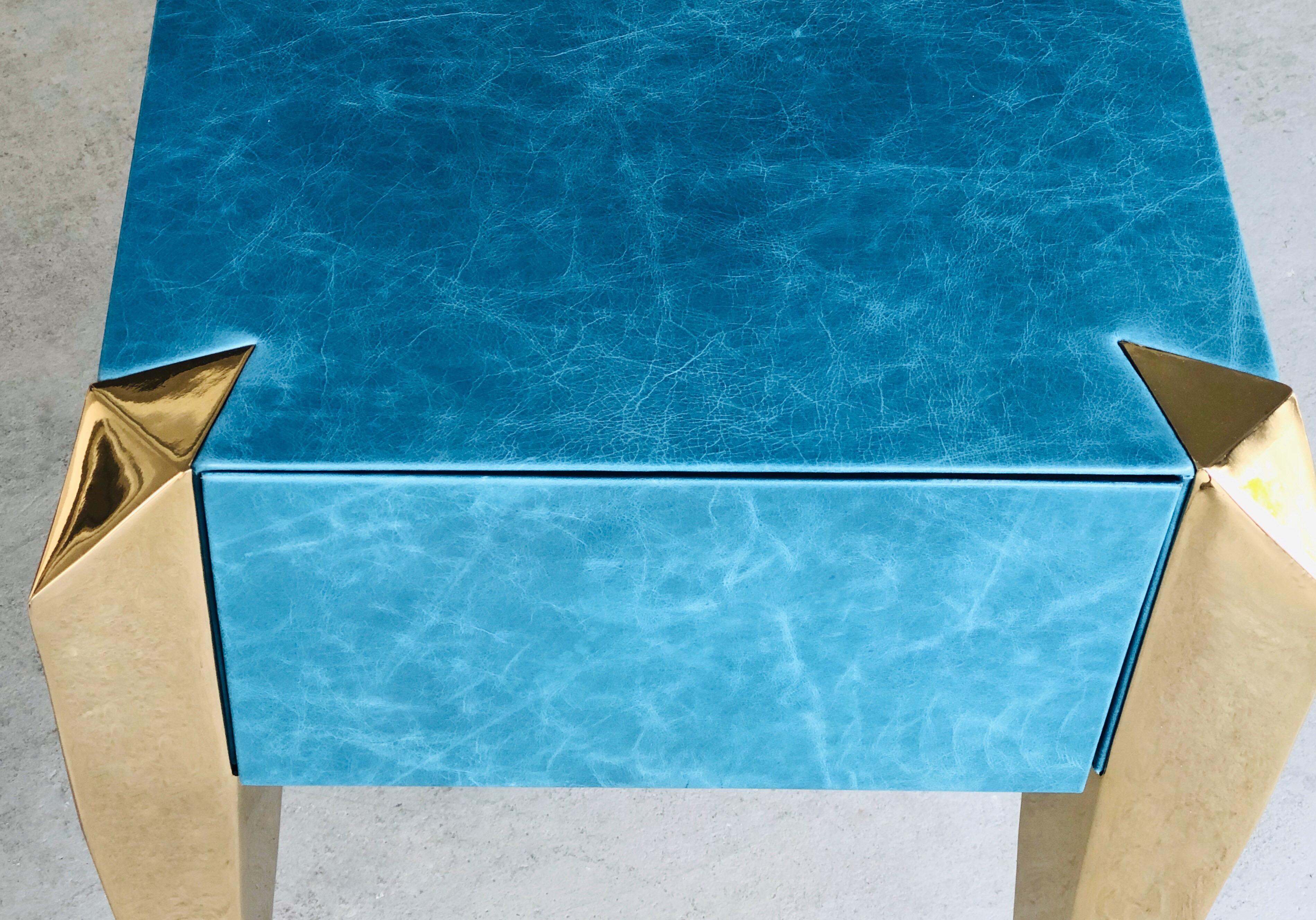  Blue Leather and Gold Plate Sculptural Modern Side End Tables, 1980s 6
