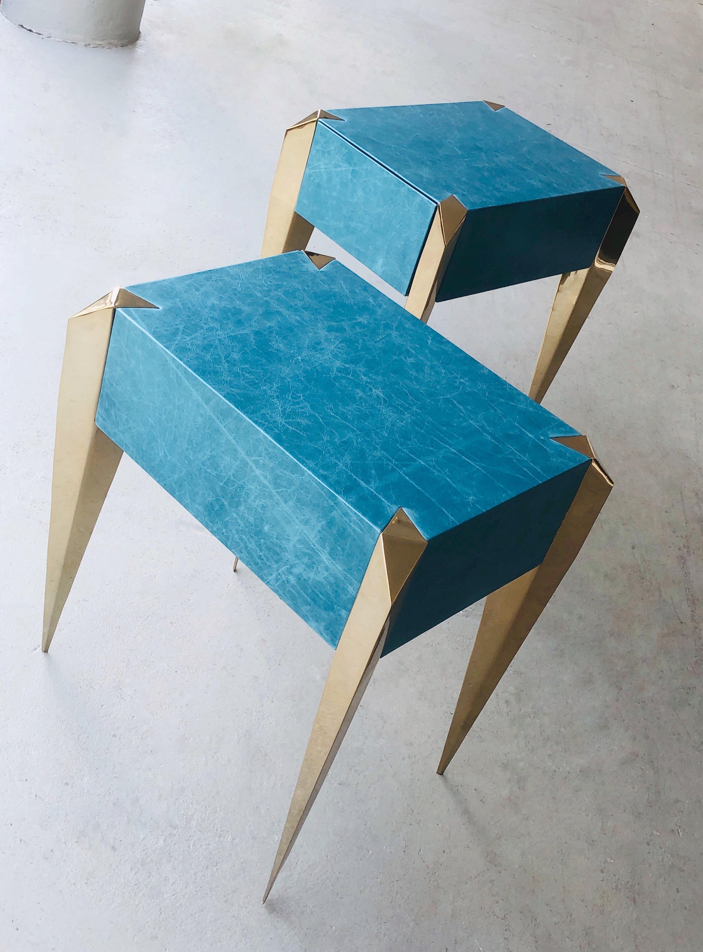 North American  Blue Leather and Gold Plate Sculptural Modern Side End Tables, 1980s