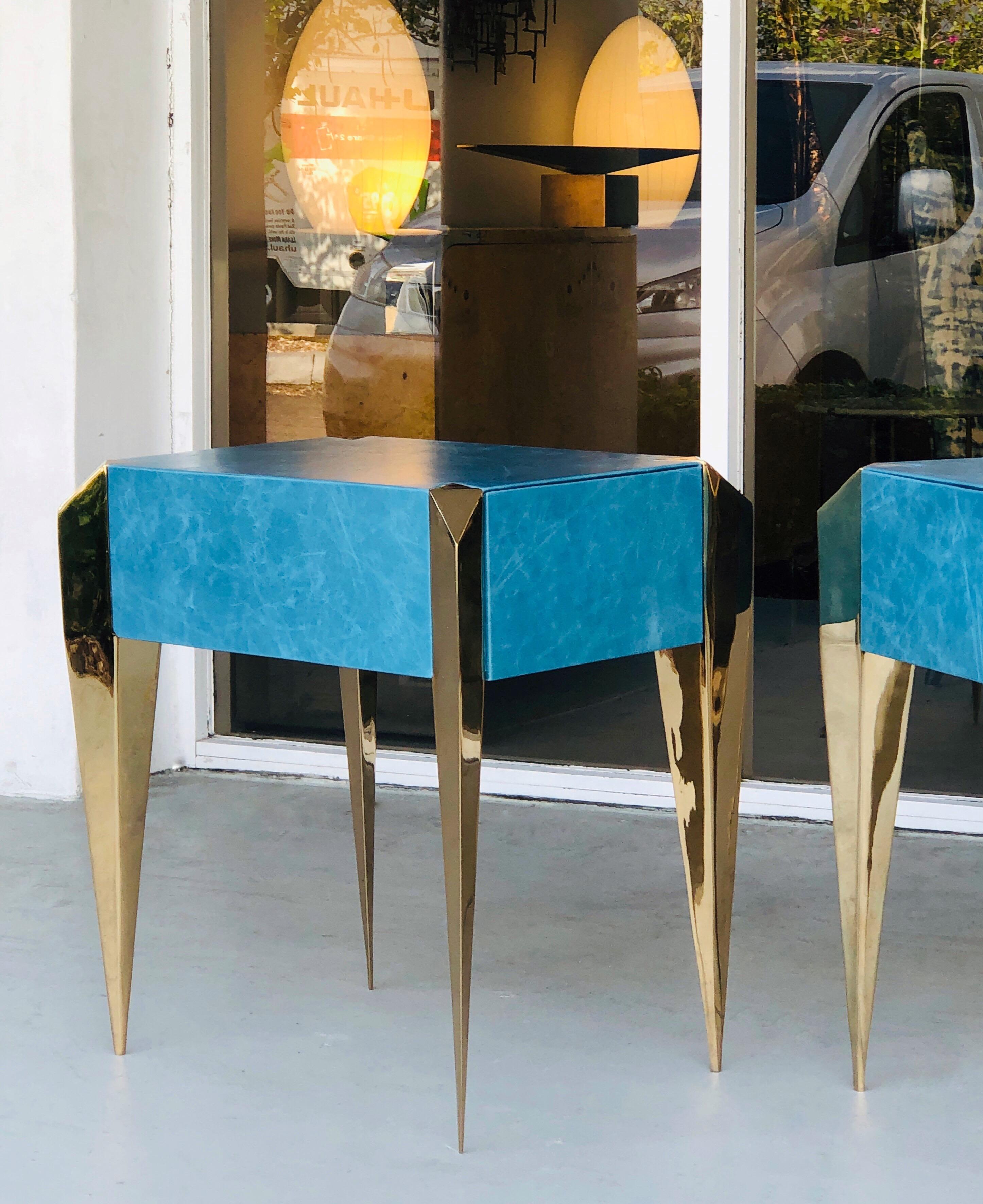 Late 20th Century  Blue Leather and Gold Plate Sculptural Modern Side End Tables, 1980s