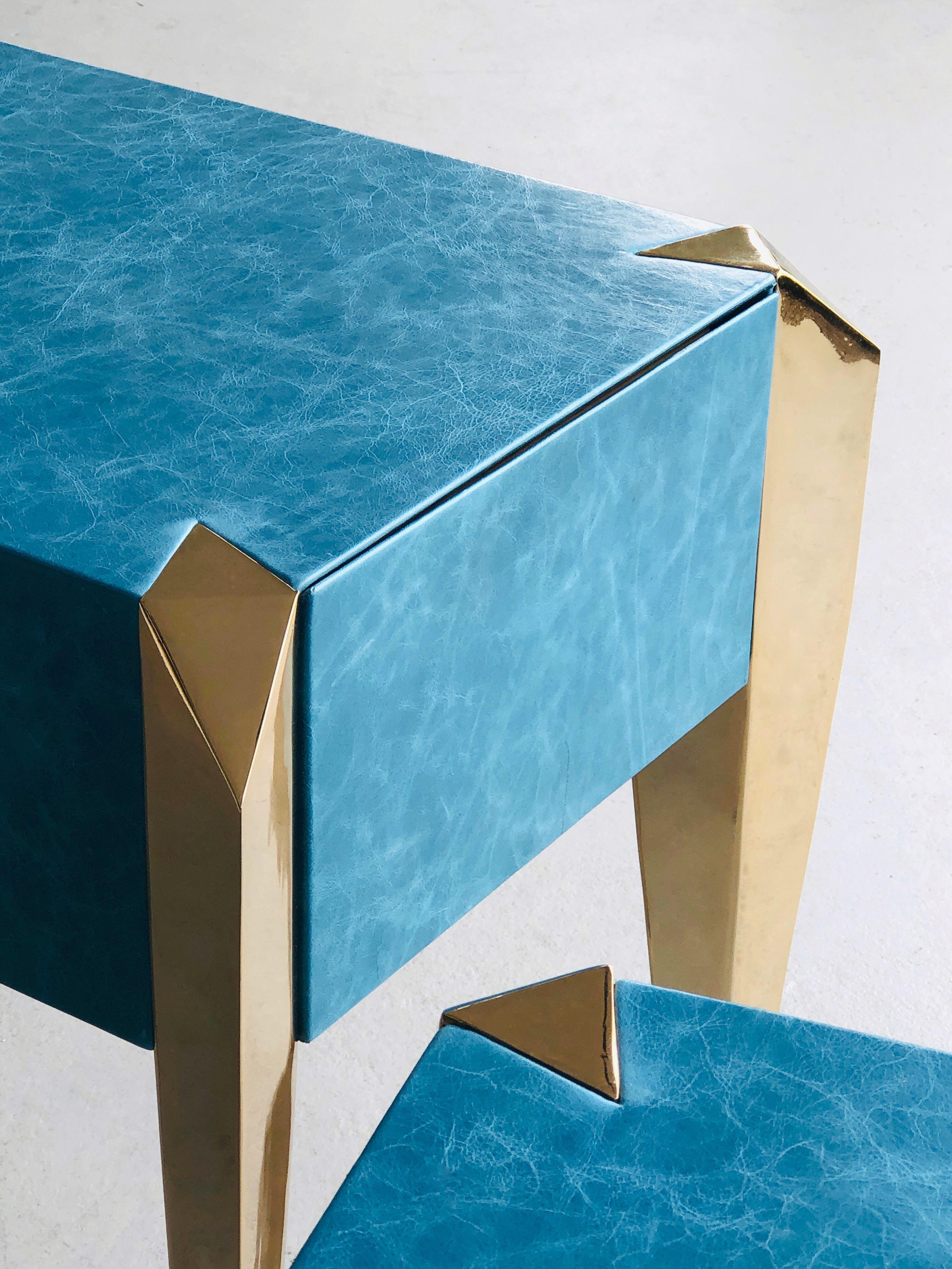  Blue Leather and Gold Plate Sculptural Modern Side End Tables, 1980s 1