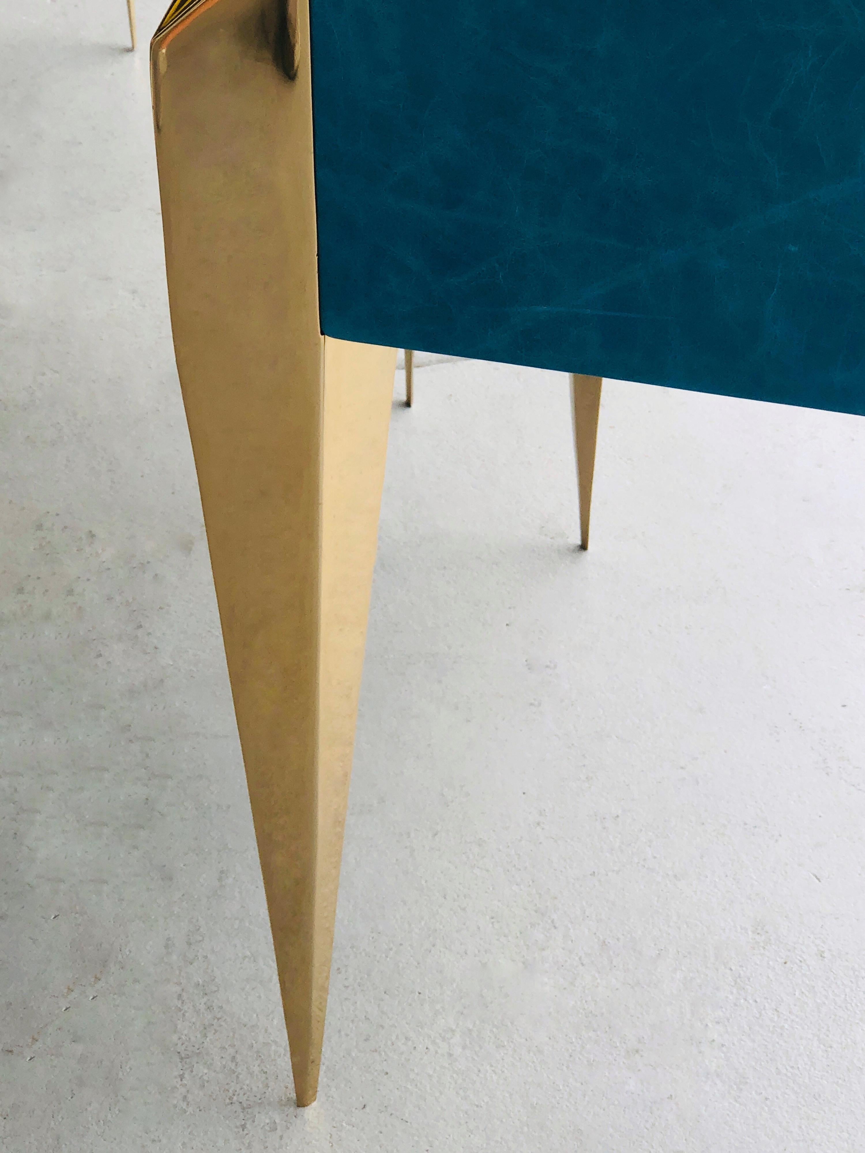  Blue Leather and Gold Plate Sculptural Modern Side End Tables, 1980s 2