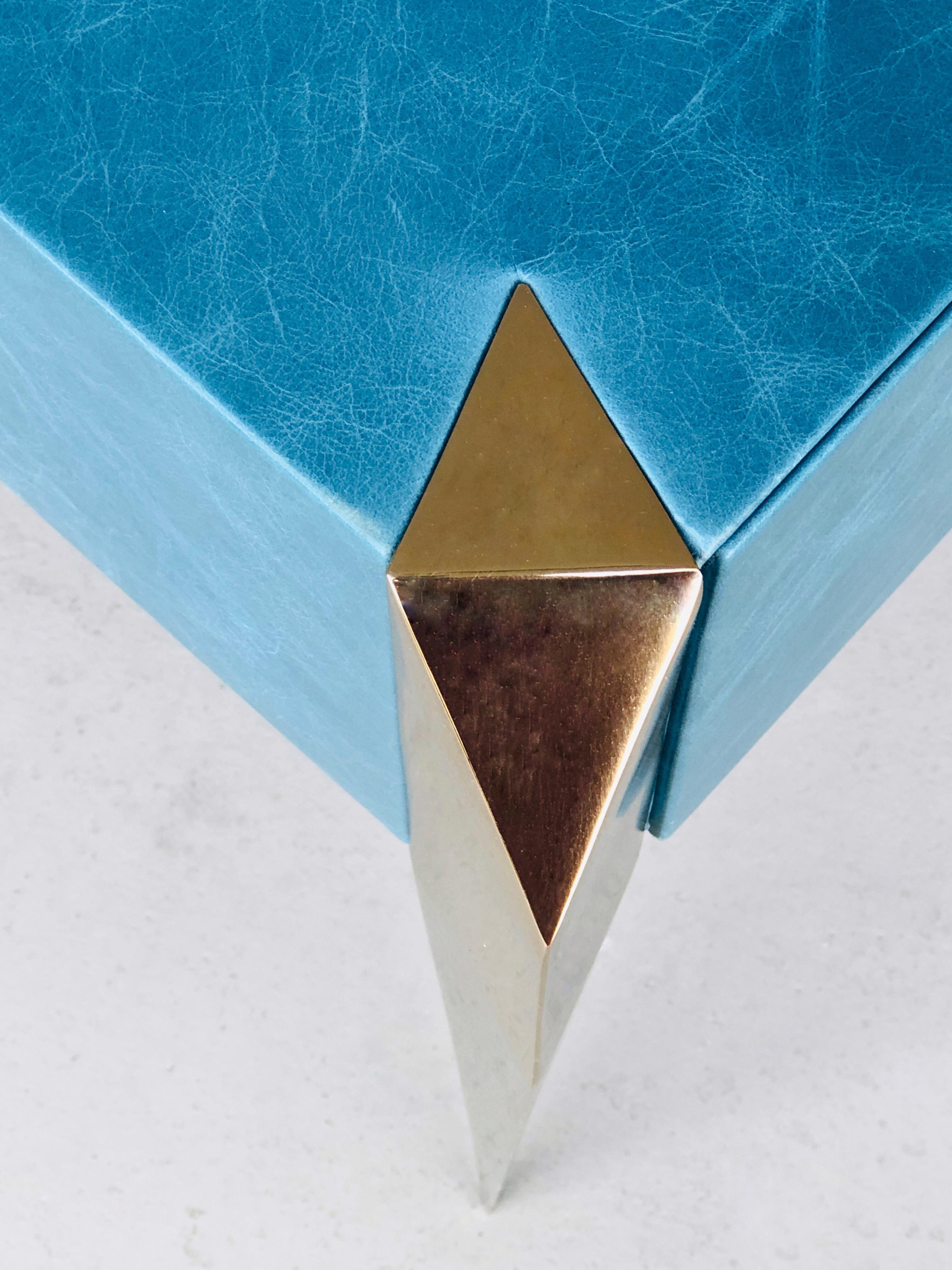 Blue Leather and Gold Plate Sculptural Modern Side End Tables, 1980s 3