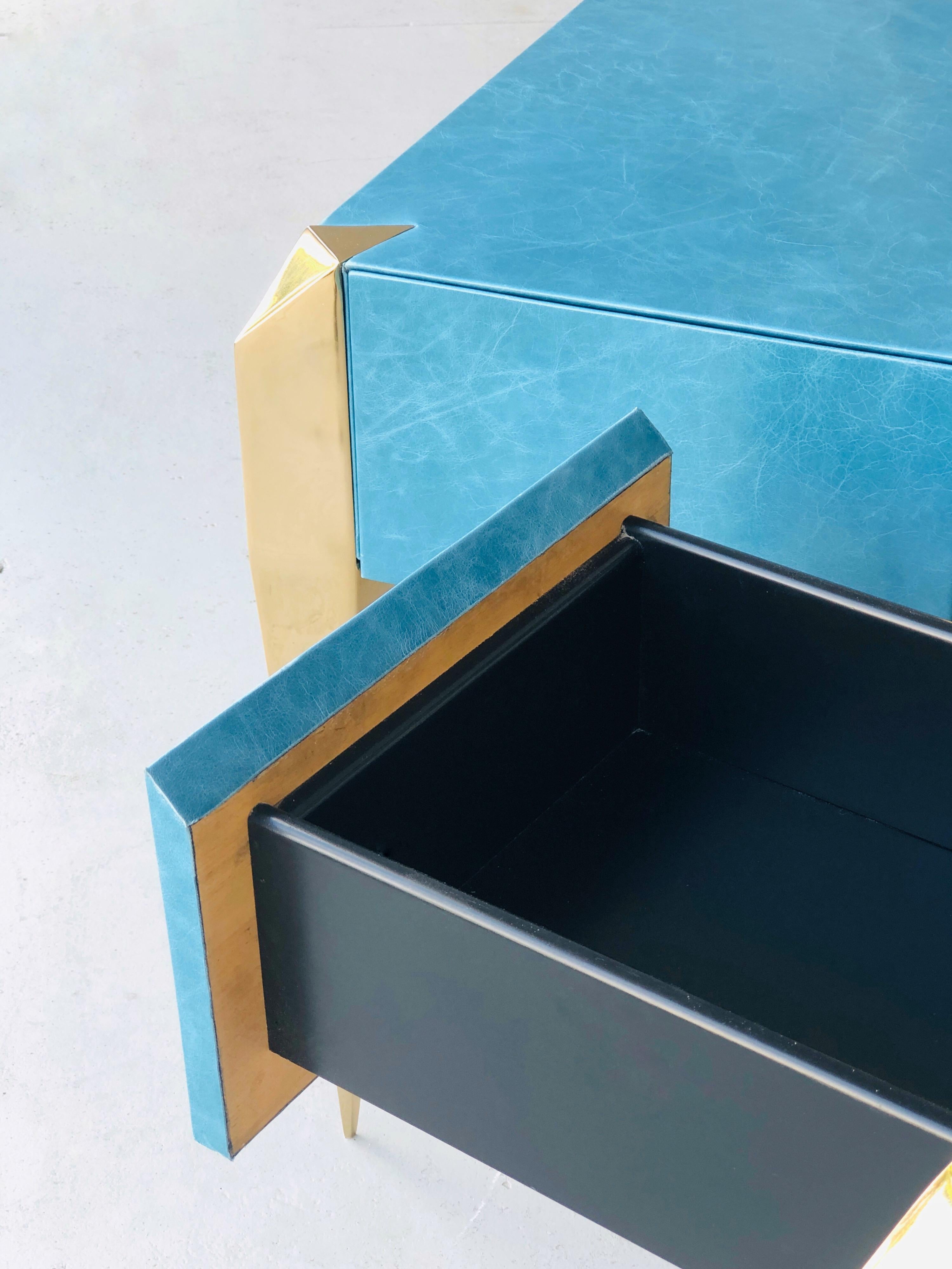  Blue Leather and Gold Plate Sculptural Modern Side End Tables, 1980s 4