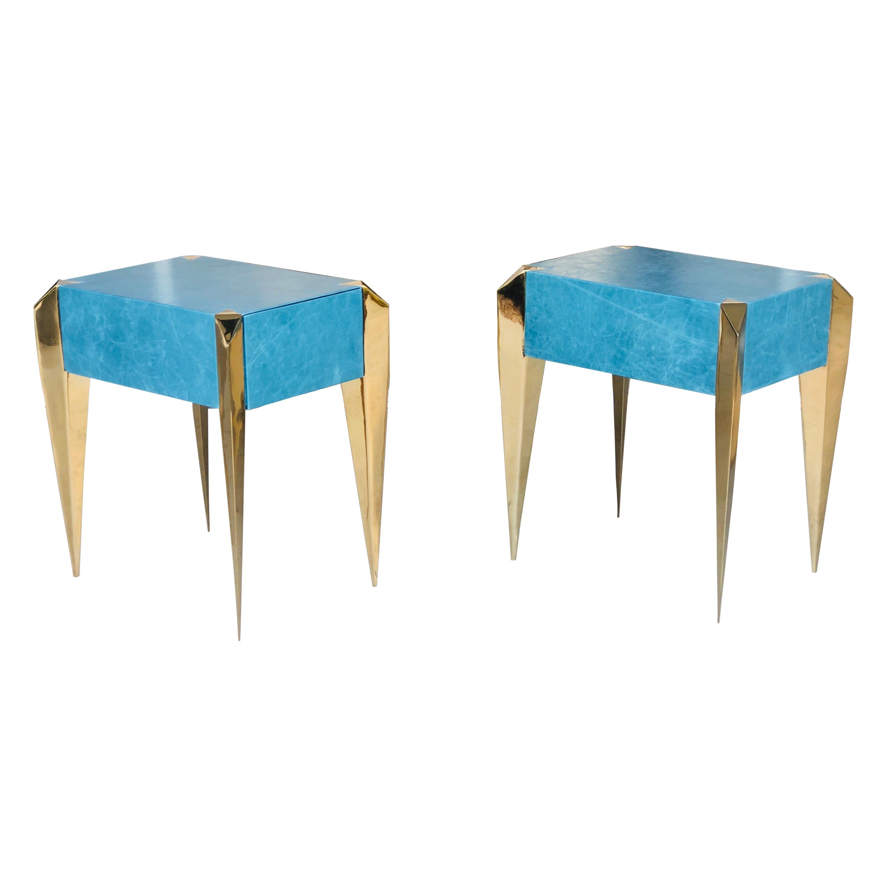  Blue Leather and Gold Plate Sculptural Modern Side End Tables, 1980s