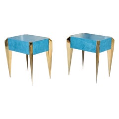 Blue Leather and Gold Plate Sculptural Modern Side End Tables, 1980s