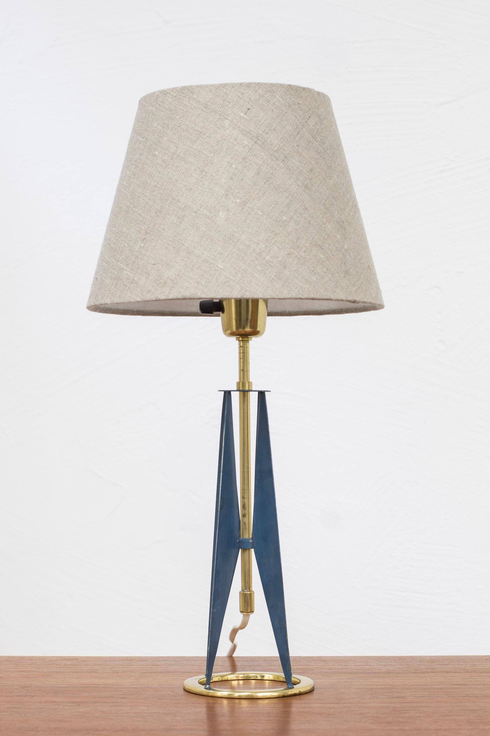 Scandinavian Modern Brass and Blue Table Lamp by Falkenbergs Belysning, Sweden, 1950s