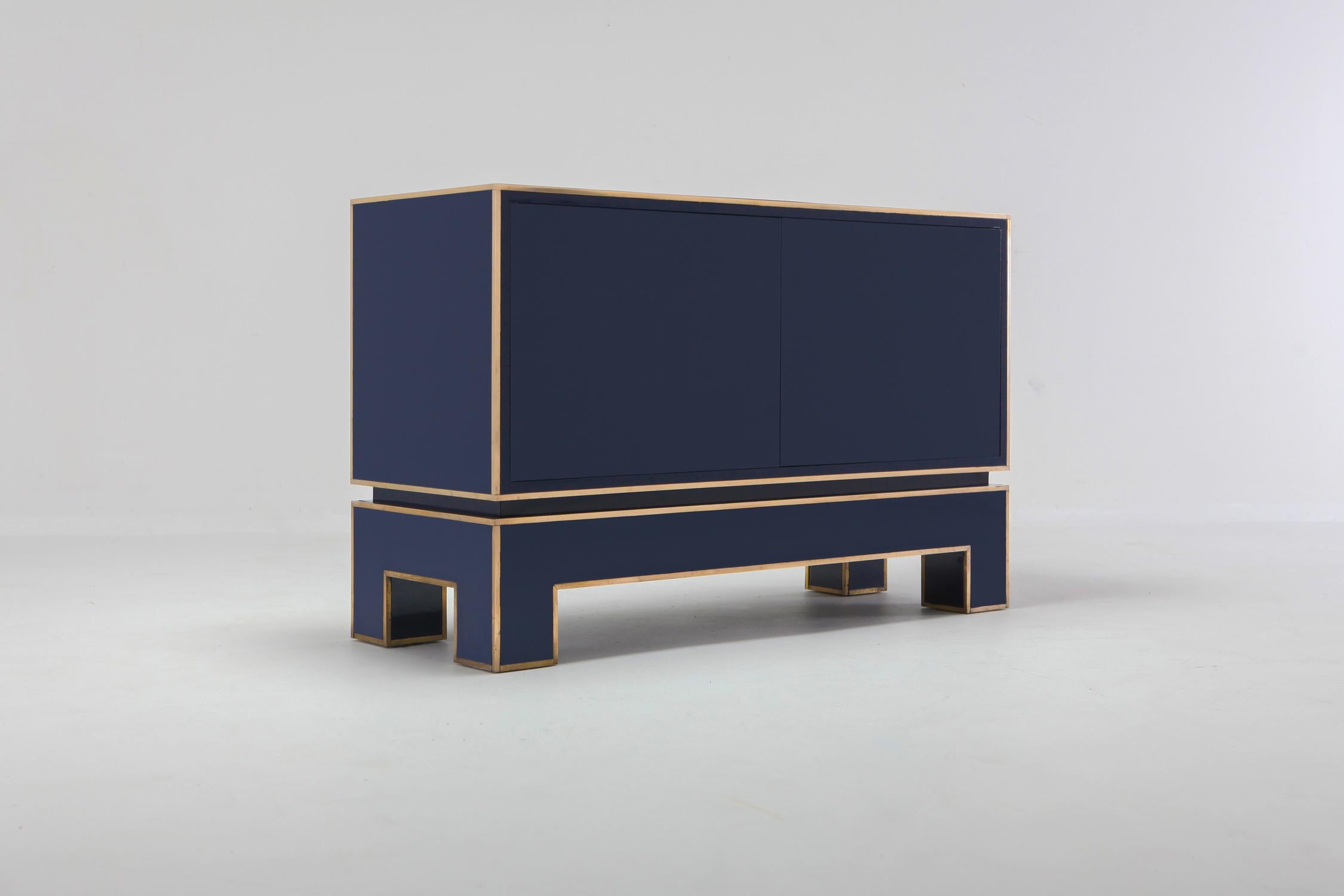 Brass and Blue Two-Door Cabinet Maison Jansen In Good Condition In Antwerp, BE