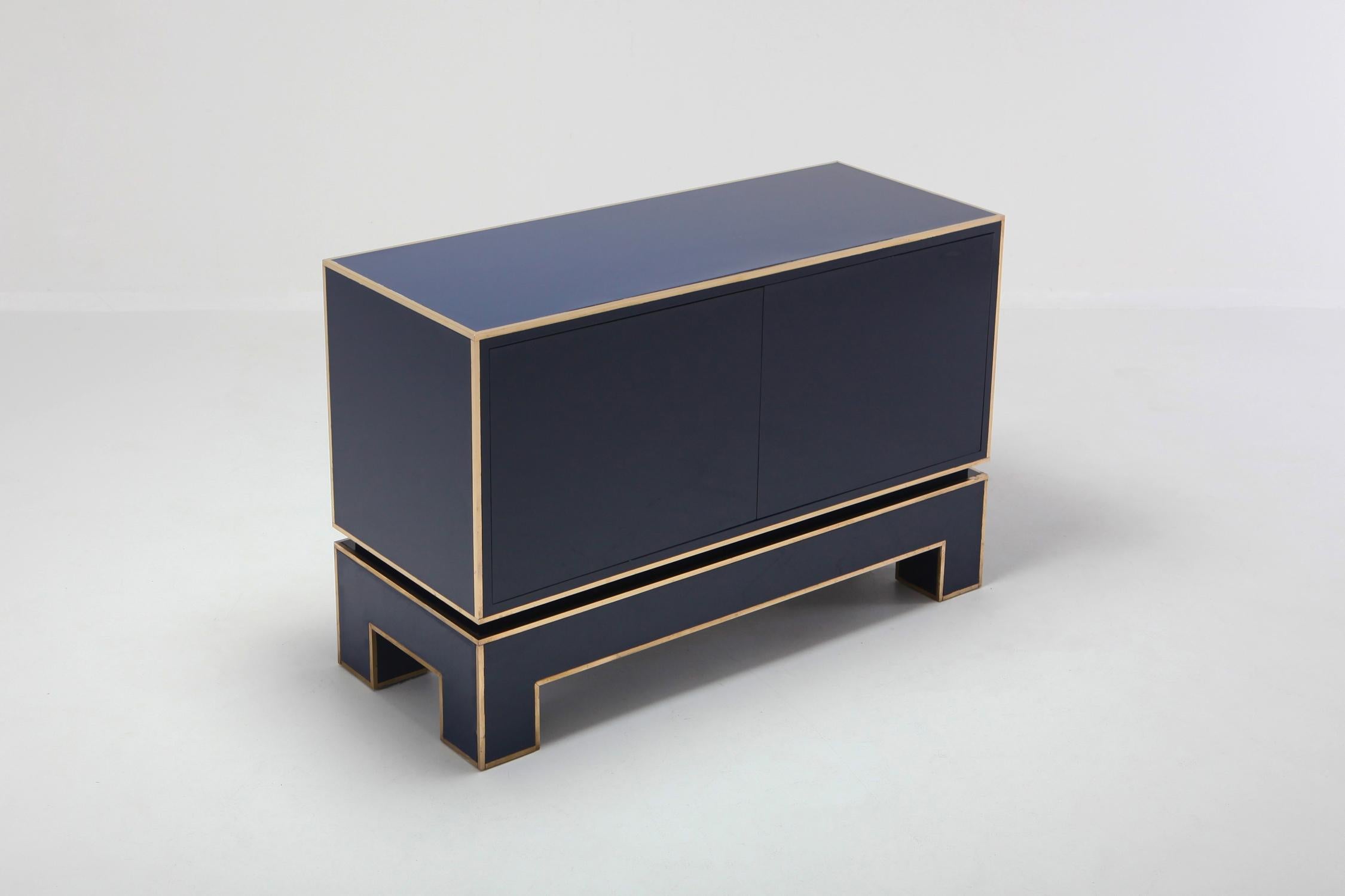 20th Century Brass and Blue Two-Door Cabinet Maison Jansen