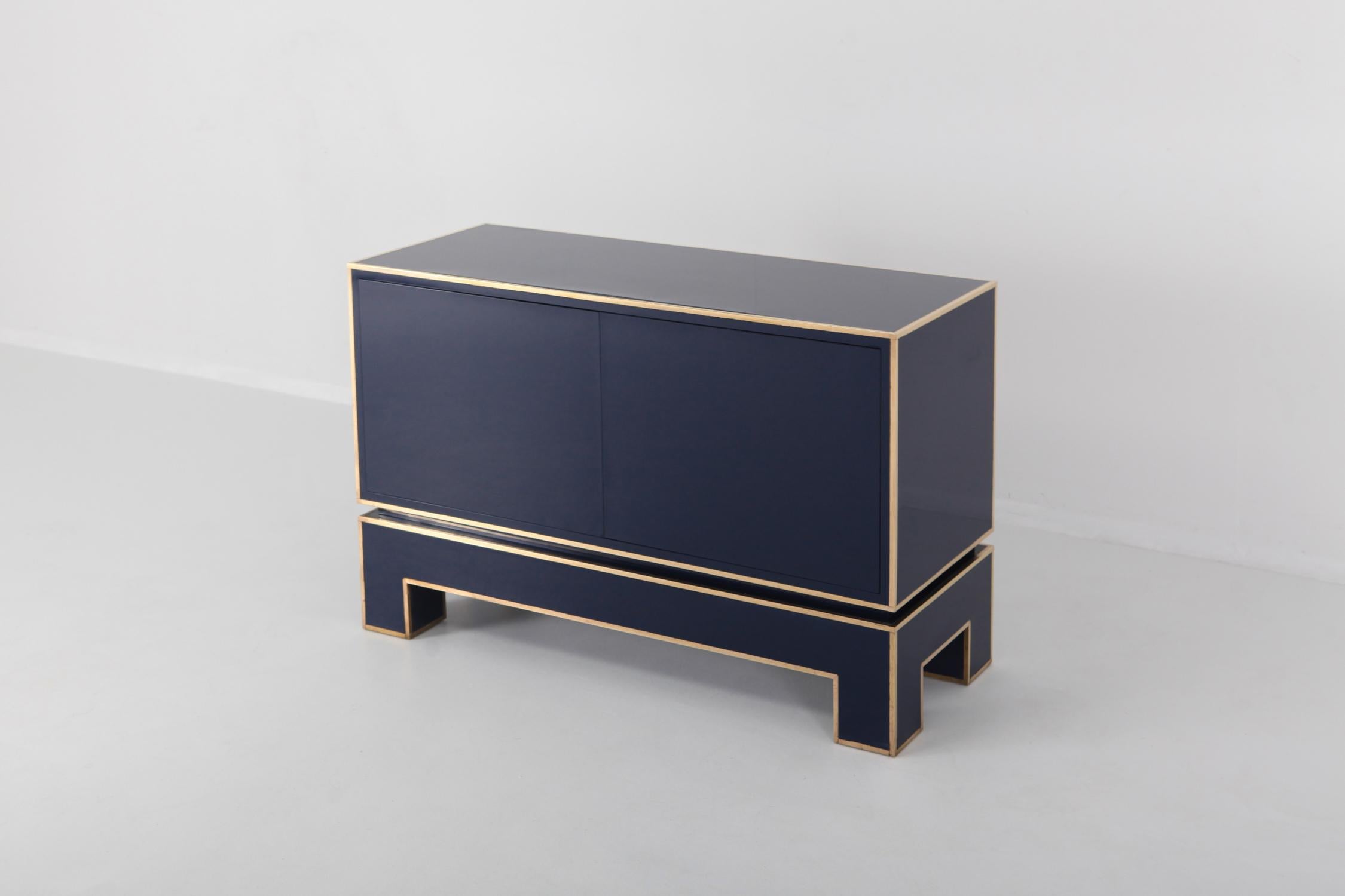 Brass and Blue Two-Door Cabinet Maison Jansen 3