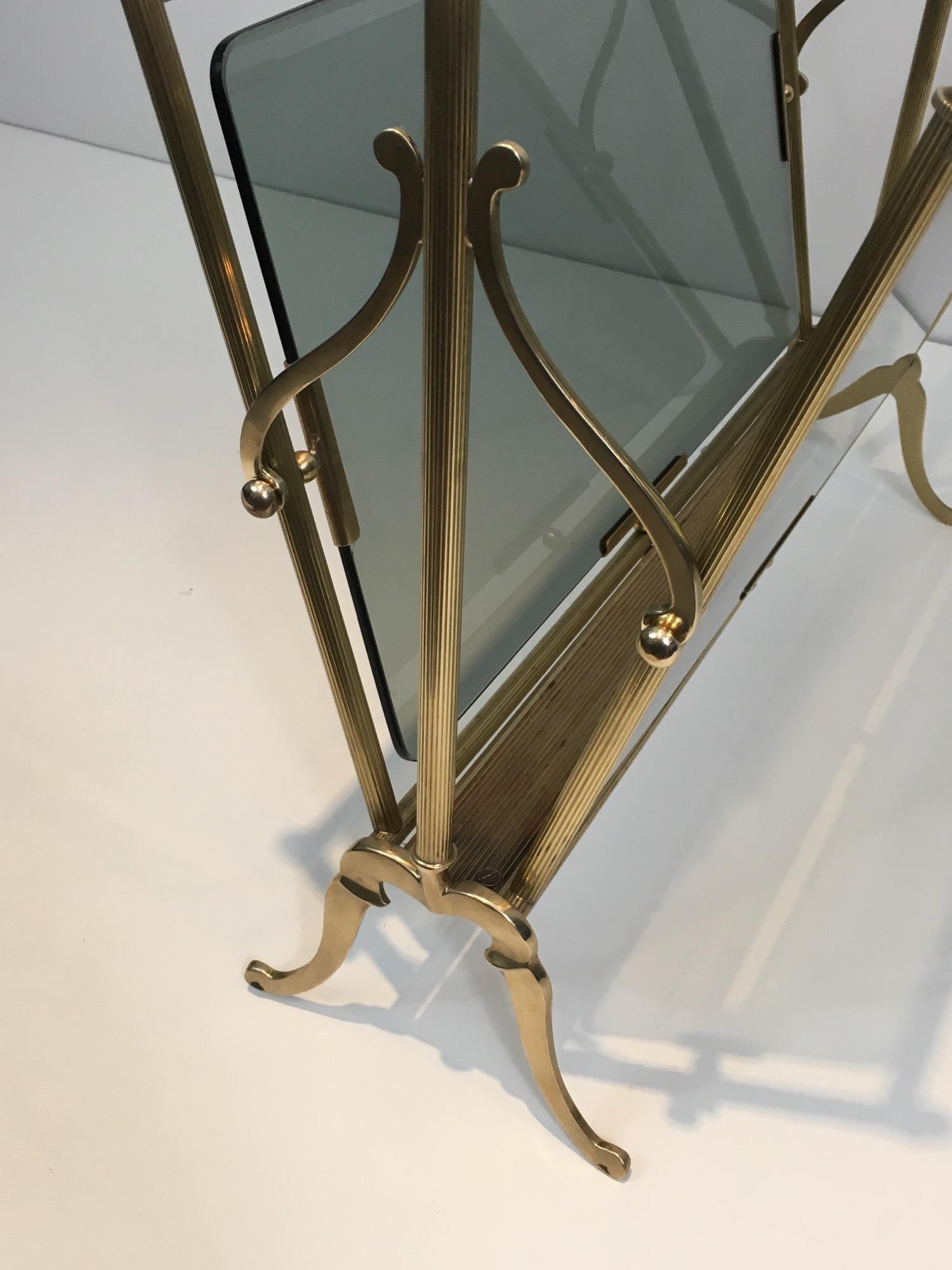 Brass and Blueish Glass Magazine Rack by Maison Jansen For Sale 4