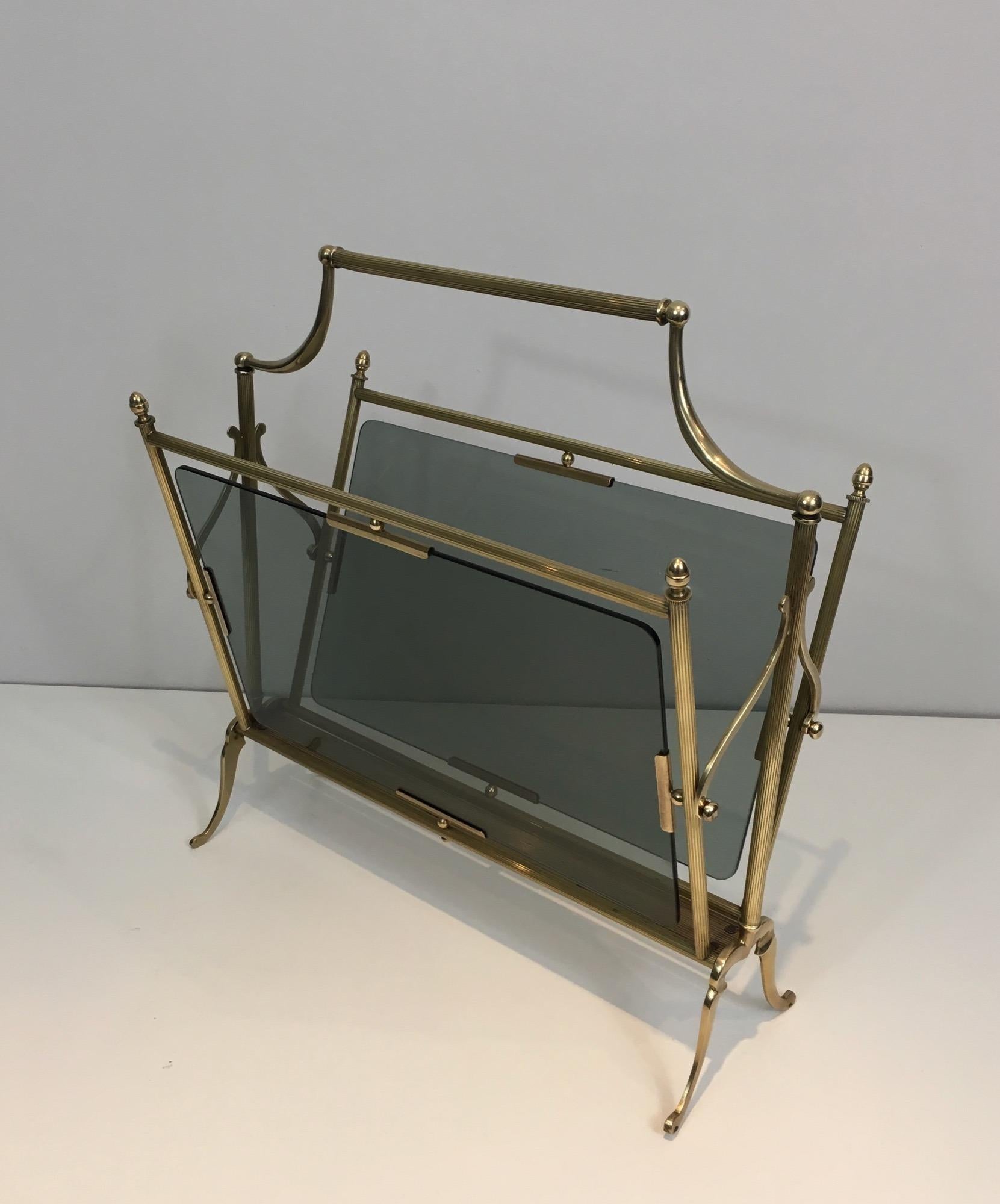 Brass and Blueish Glass Magazine Rack by Maison Jansen For Sale 5
