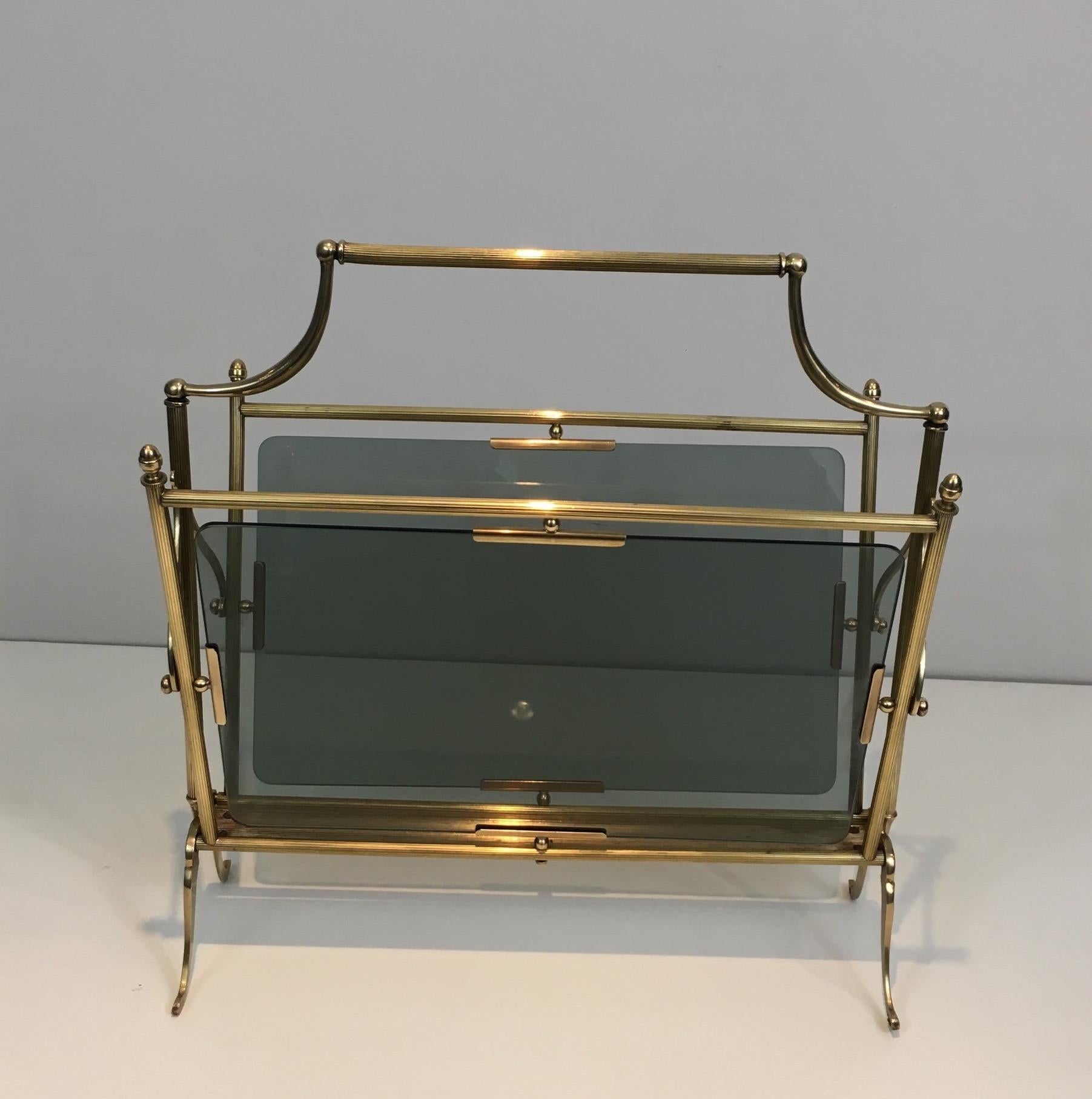 Brass and Blueish Glass Magazine Rack by Maison Jansen For Sale 6