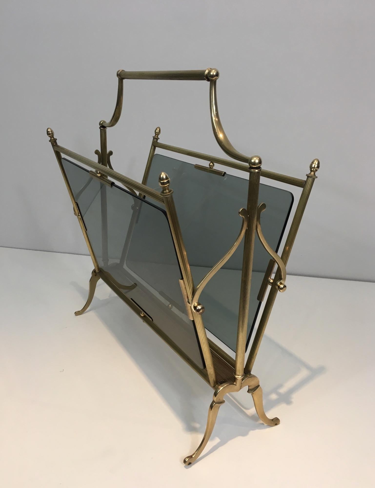 Brass and Blueish Glass Magazine Rack by Maison Jansen For Sale 8