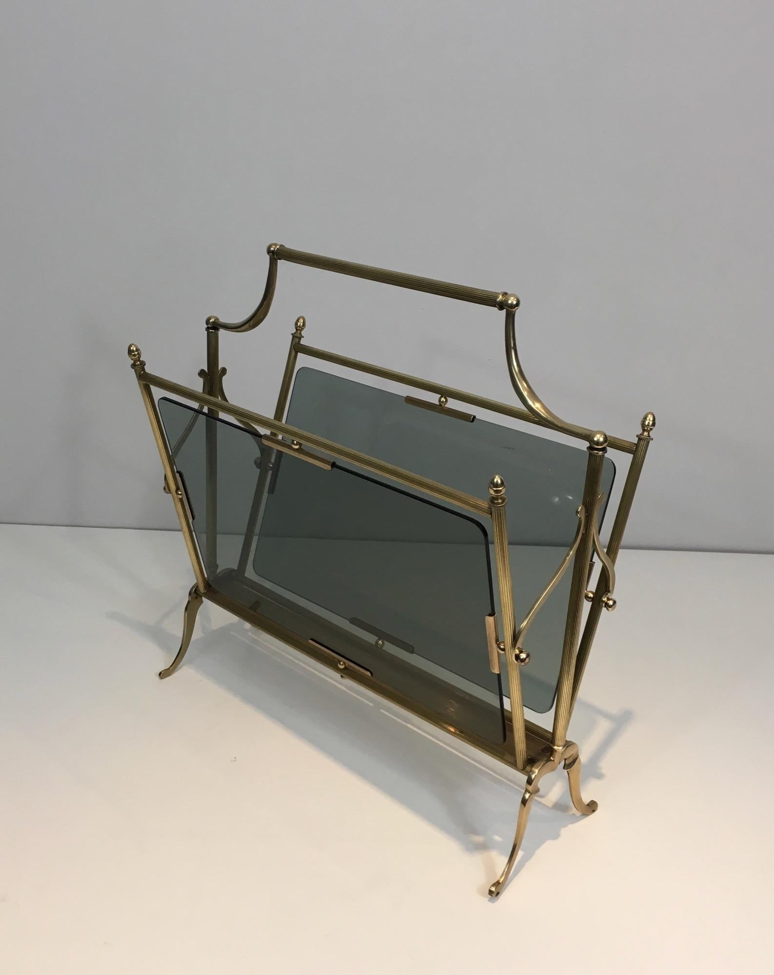 Brass and Blueish Glass Magazine Rack by Maison Jansen For Sale 9