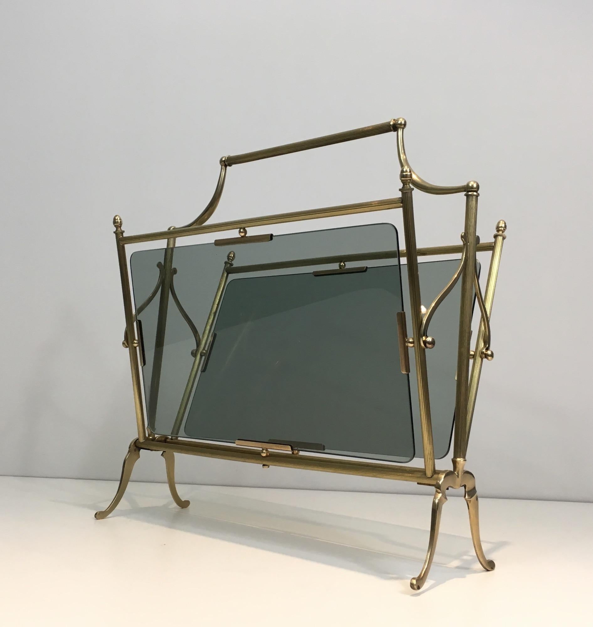 Neoclassical Brass and Blueish Glass Magazine Rack by Maison Jansen For Sale